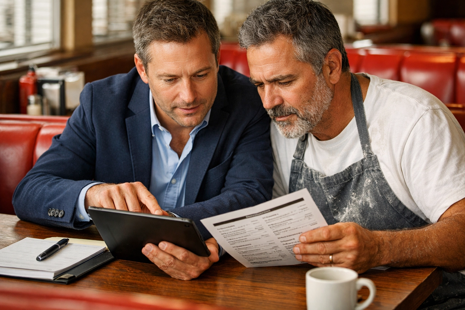 Restaurant turnaround consulting session between an owner and expert inside a classic SF diner booth.
