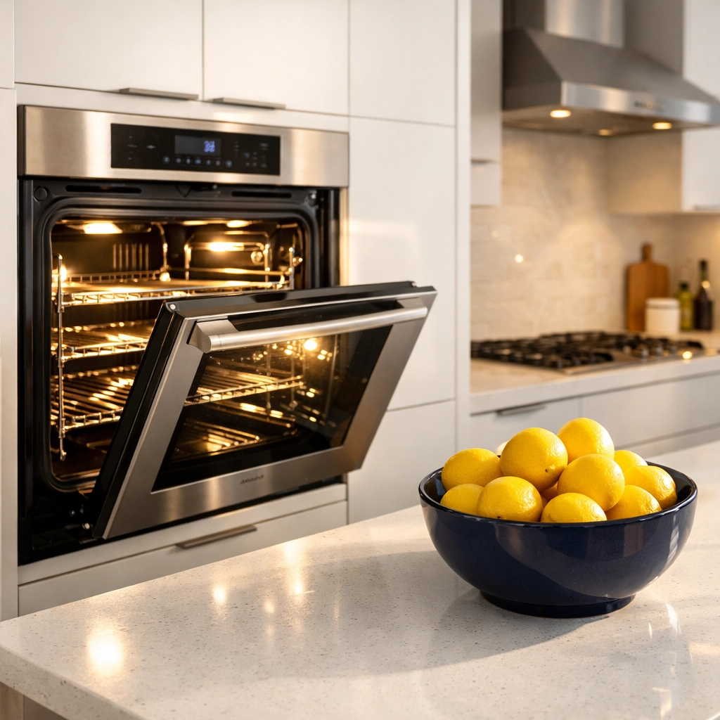 Clean modern kitchen with shining, grease-free oven racks inside a sparkling stainless steel oven.