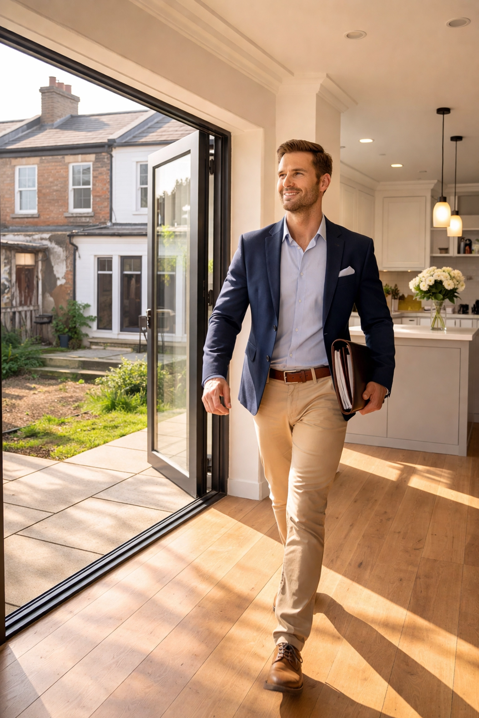 Property developer walking through refurbished Oldham terrace, contrasting renovated and rundown homes, bridging loan success.