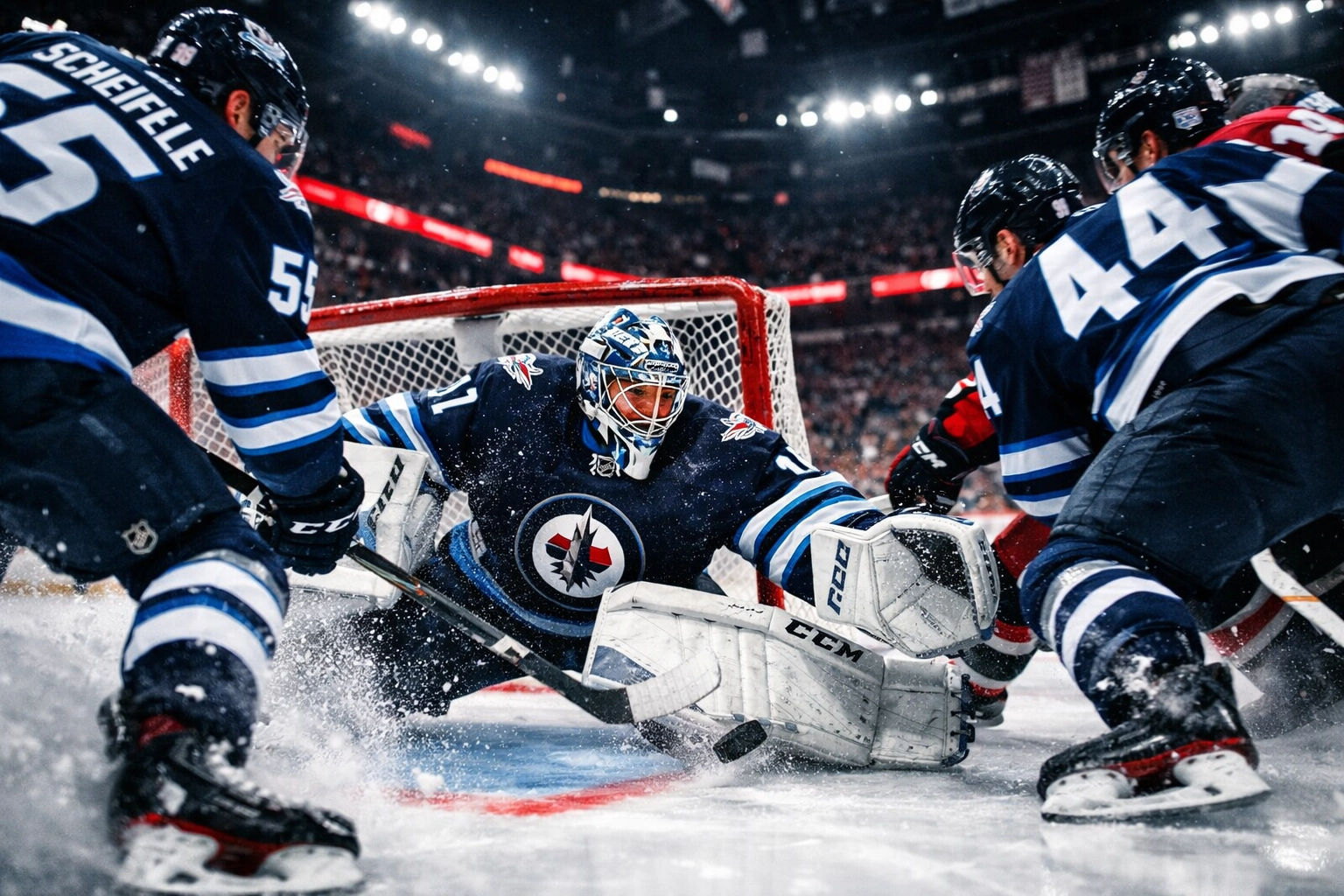 Winnipeg Jets goaltender Eric Comrie making a save during 2-1 victory over Florida Panthers