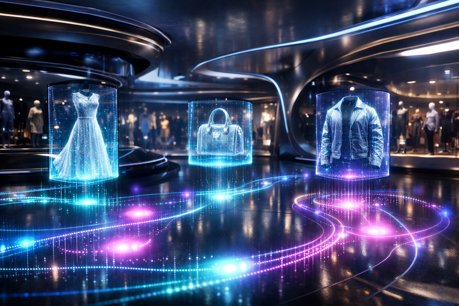 AI-driven metaverse storefront featuring holographic displays and predictive retail heat map data.