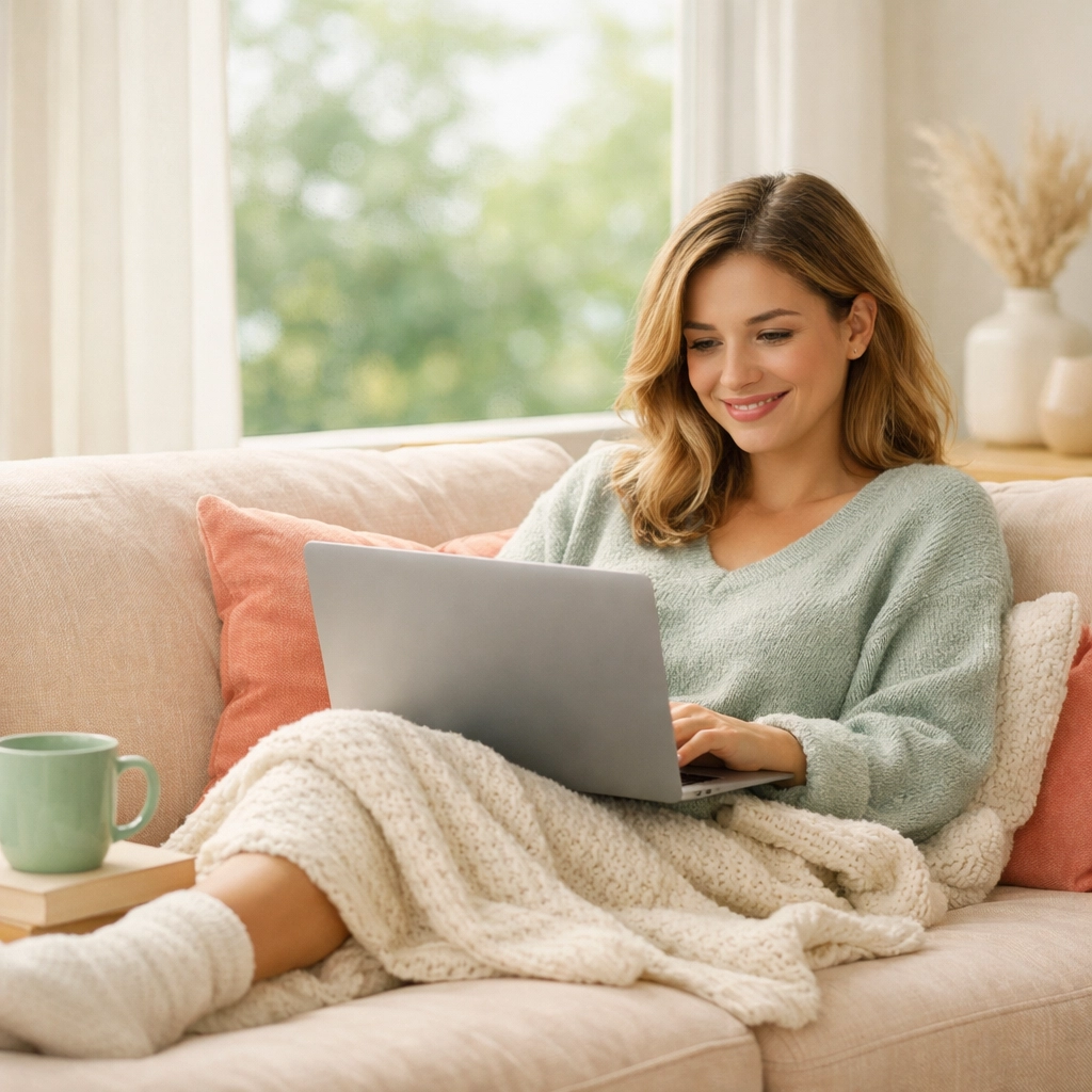 A woman smiling during an online counseling session from her home in Georgia.