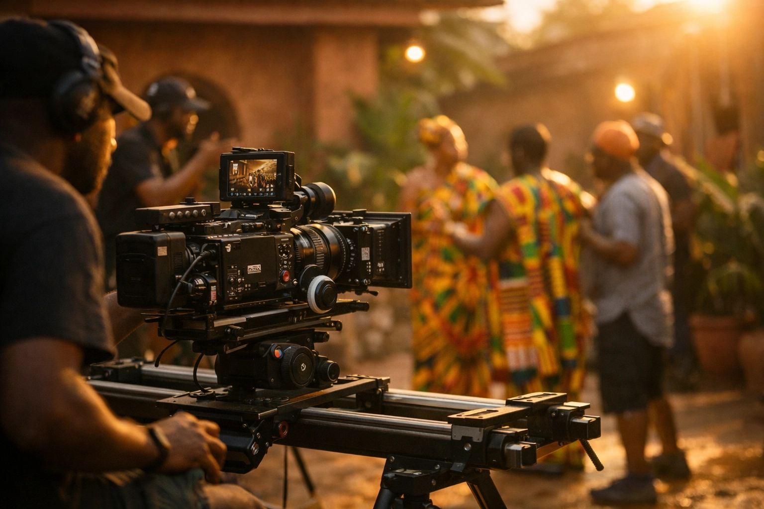 Ghanaian film crew shooting vertical micro drama on outdoor set with natural sunlight