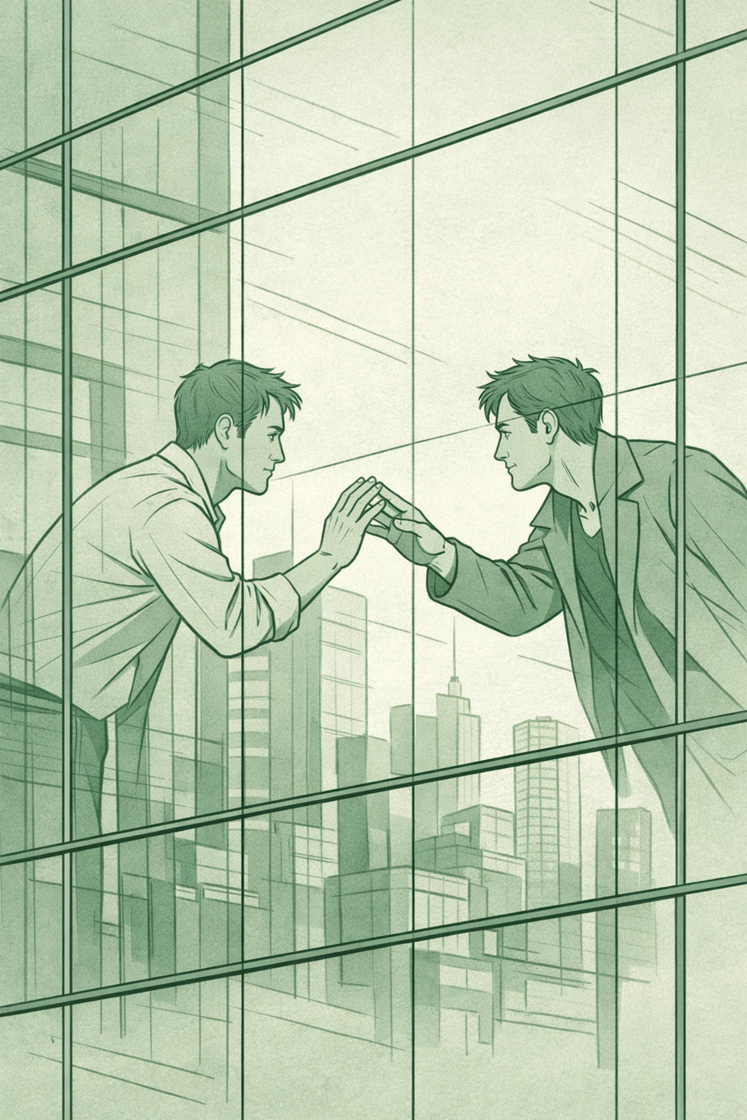 Two men reaching for each other reflected in glass skyscraper - urban gay fiction connection