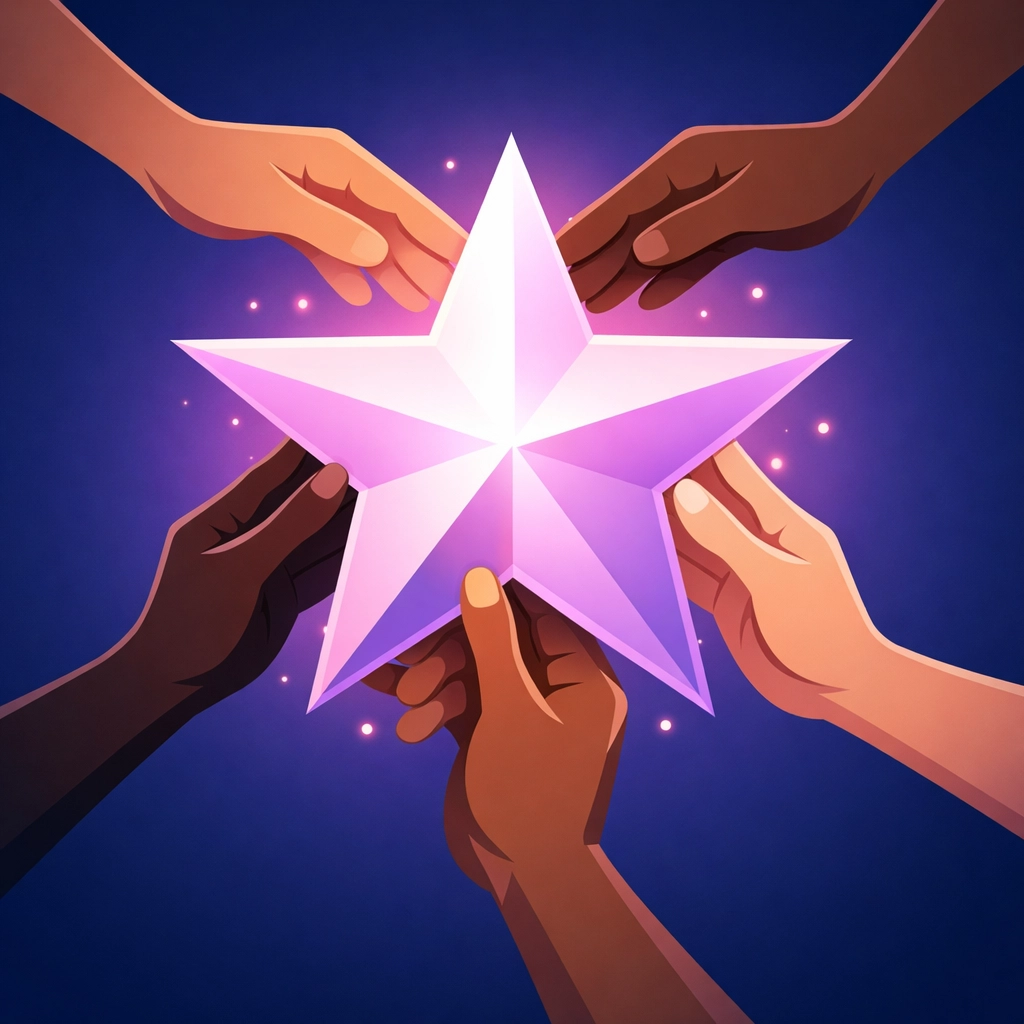 Diverse hands lifting a glowing star to symbolize small business collaboration and support for the next generation.