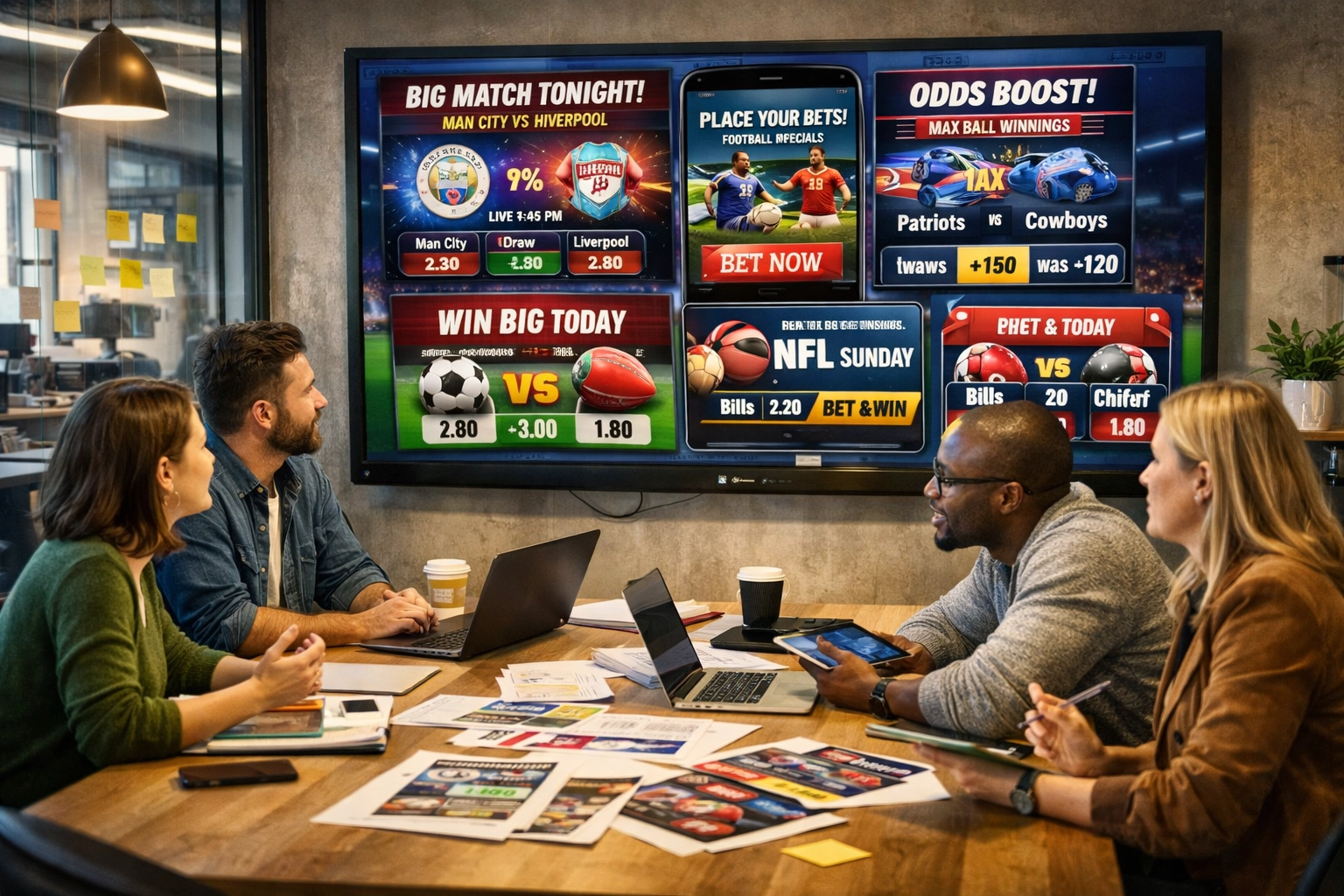 Marketing team developing mobile ad campaigns for sports betting platforms