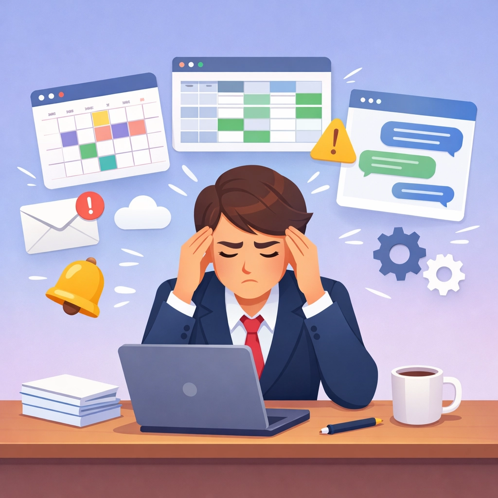 Business owner overwhelmed by multiple software tools and fragmented workflows causing productivity loss