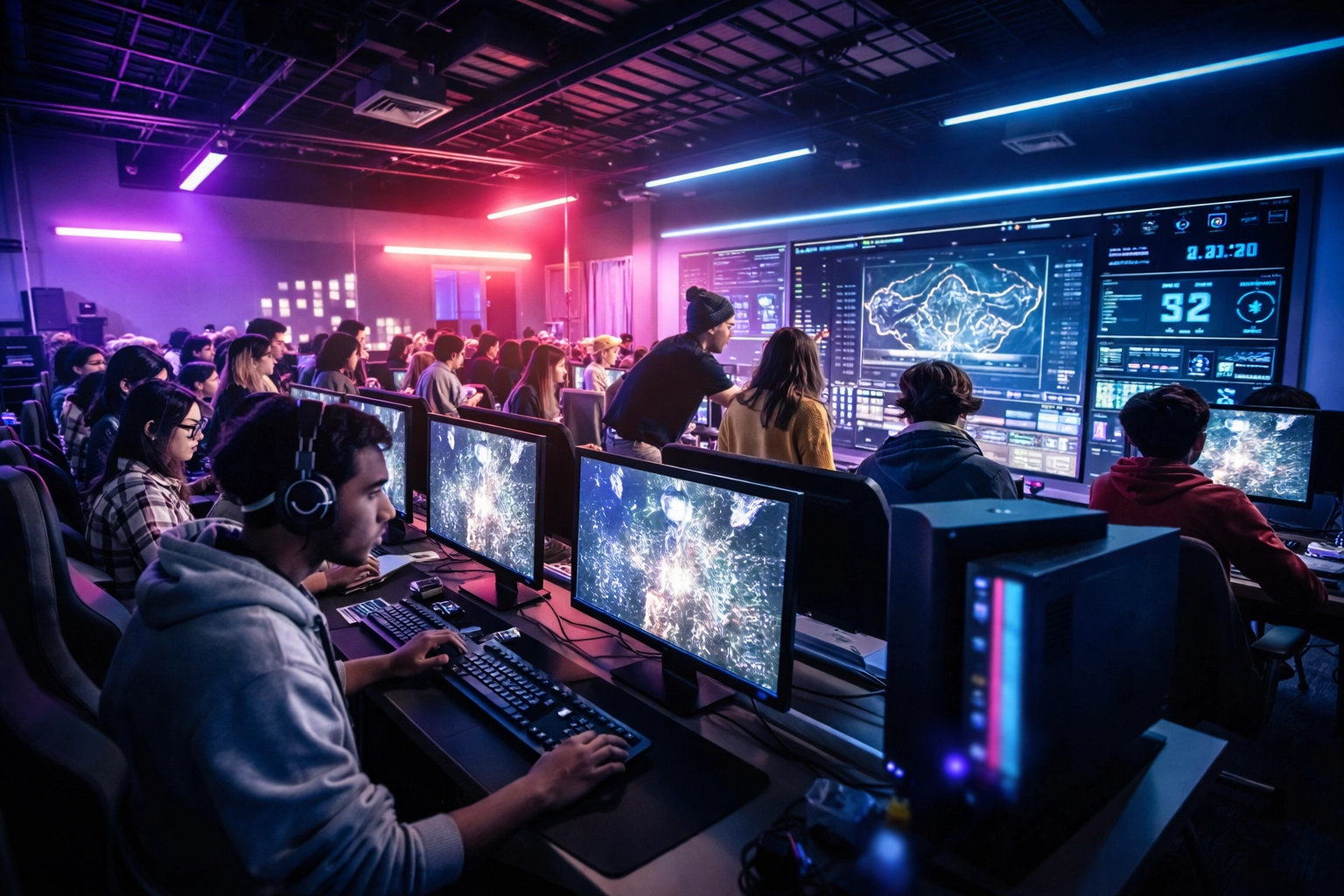 Diverse students collaborate and compete in a high school esports lab, illustrating career-ready STEM skills.