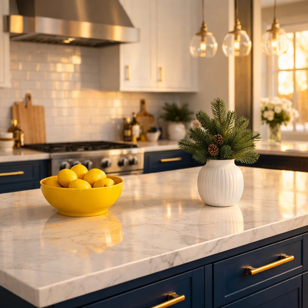 Clean modern kitchen in Stow MA with spotless marble countertops and festive holiday greenery.