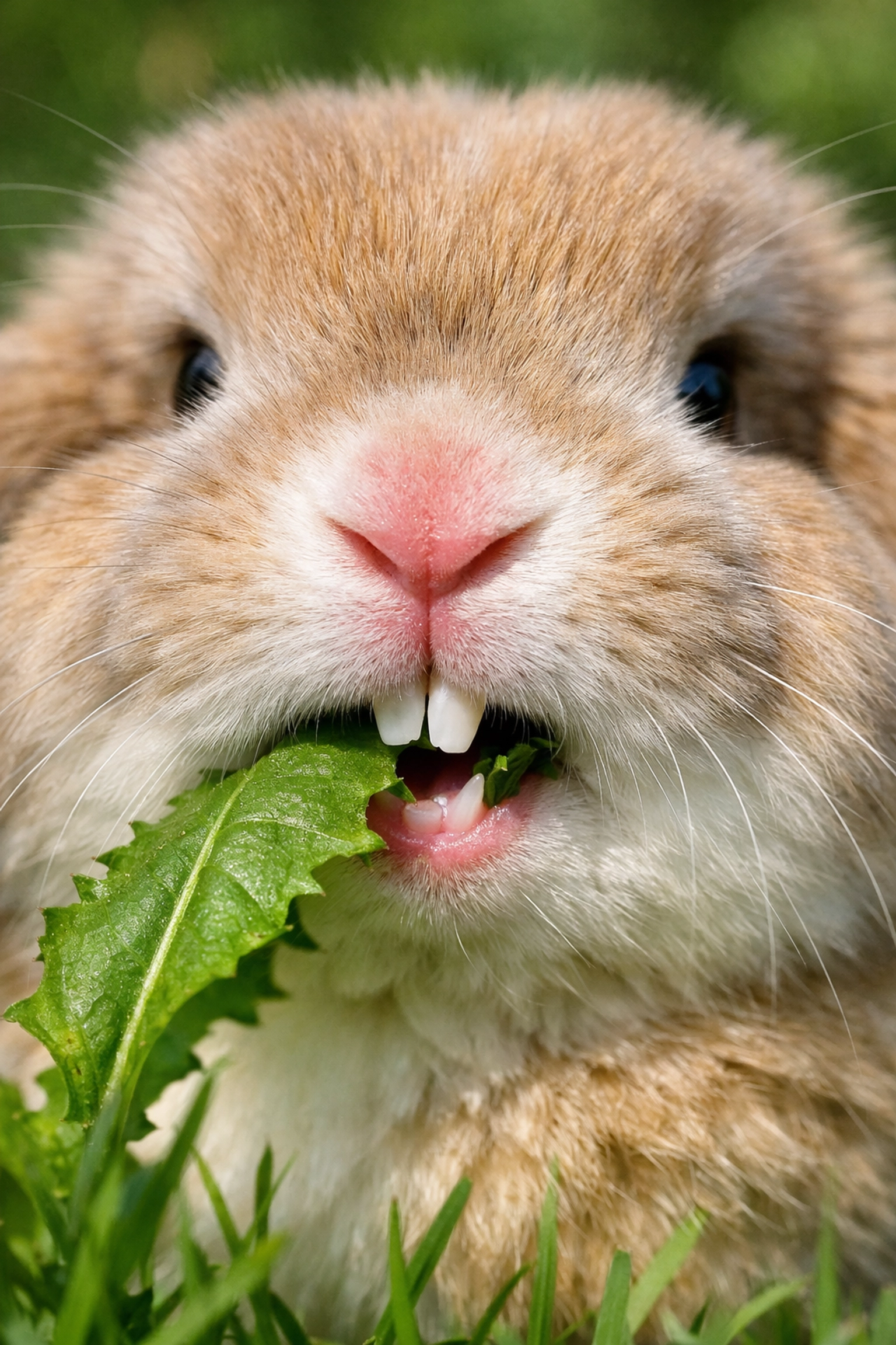 Close-up of a rabbit's healthy front teeth nibbling a leaf to prevent dental overgrowth.