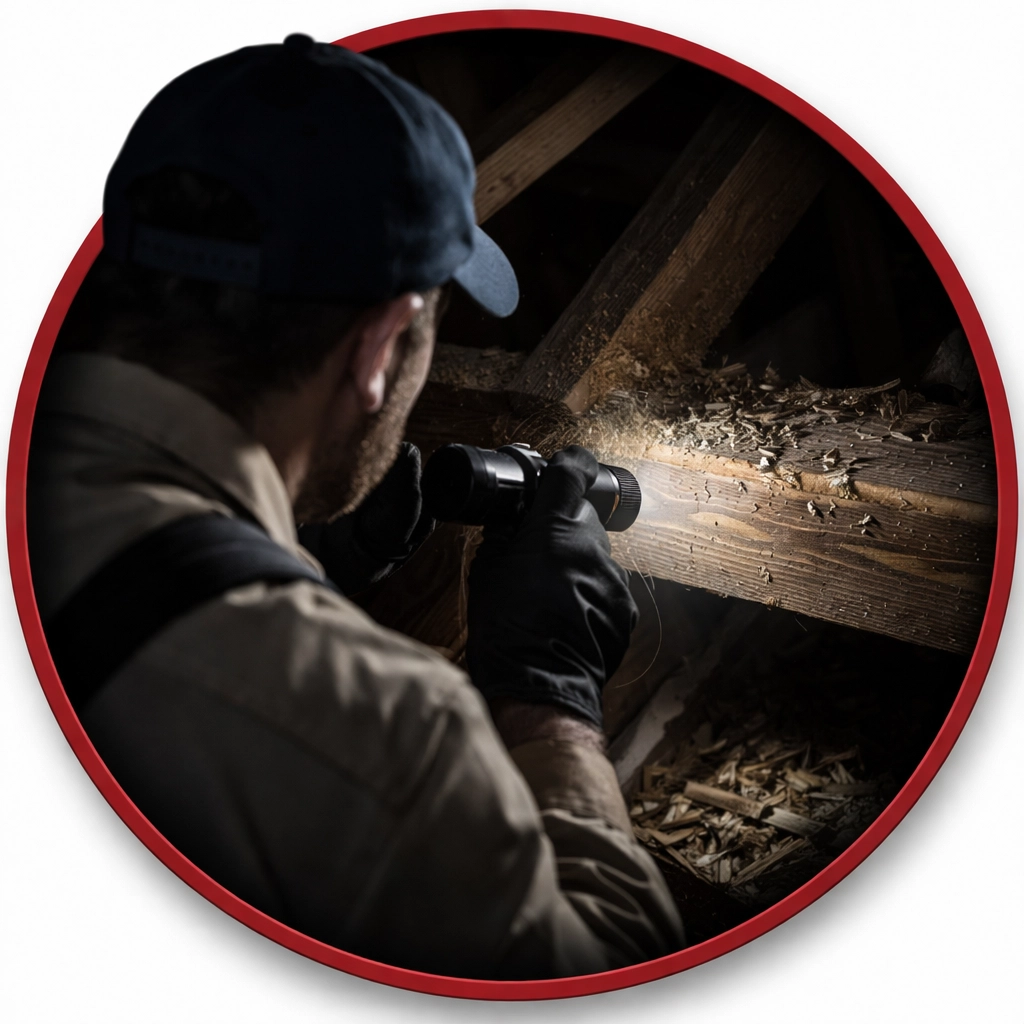 Professional pest inspector examining an attic for rodents in a Coolidge AZ home