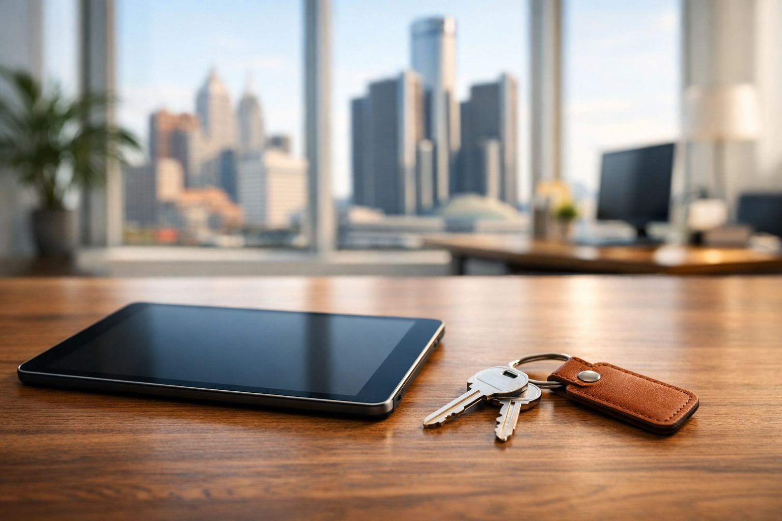 Property manager keys and digital tablet on a desk in a modern Detroit rental office.