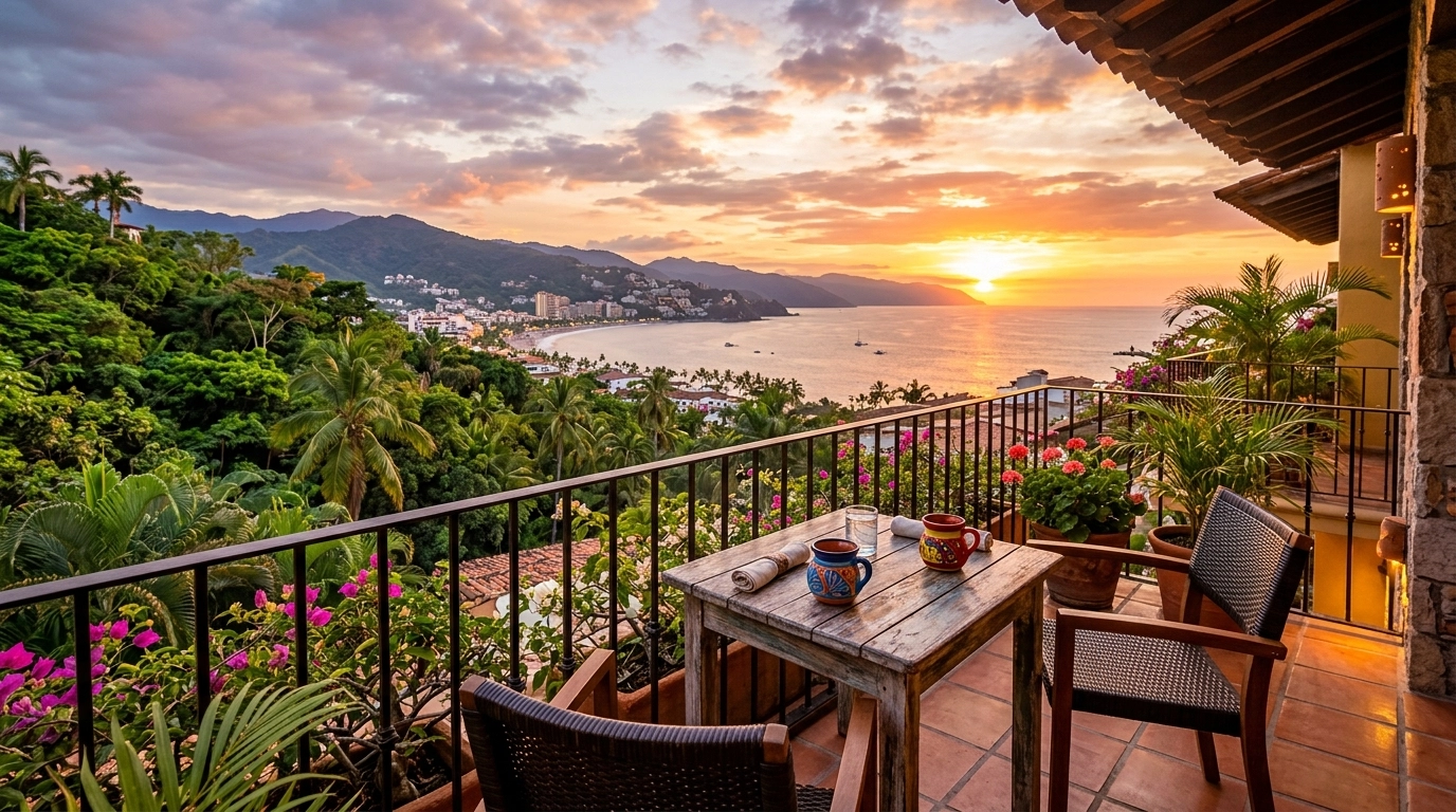 A beautiful view from a condo balcony in Amapas showing the sunset over Banderas Bay with no pools in sight.