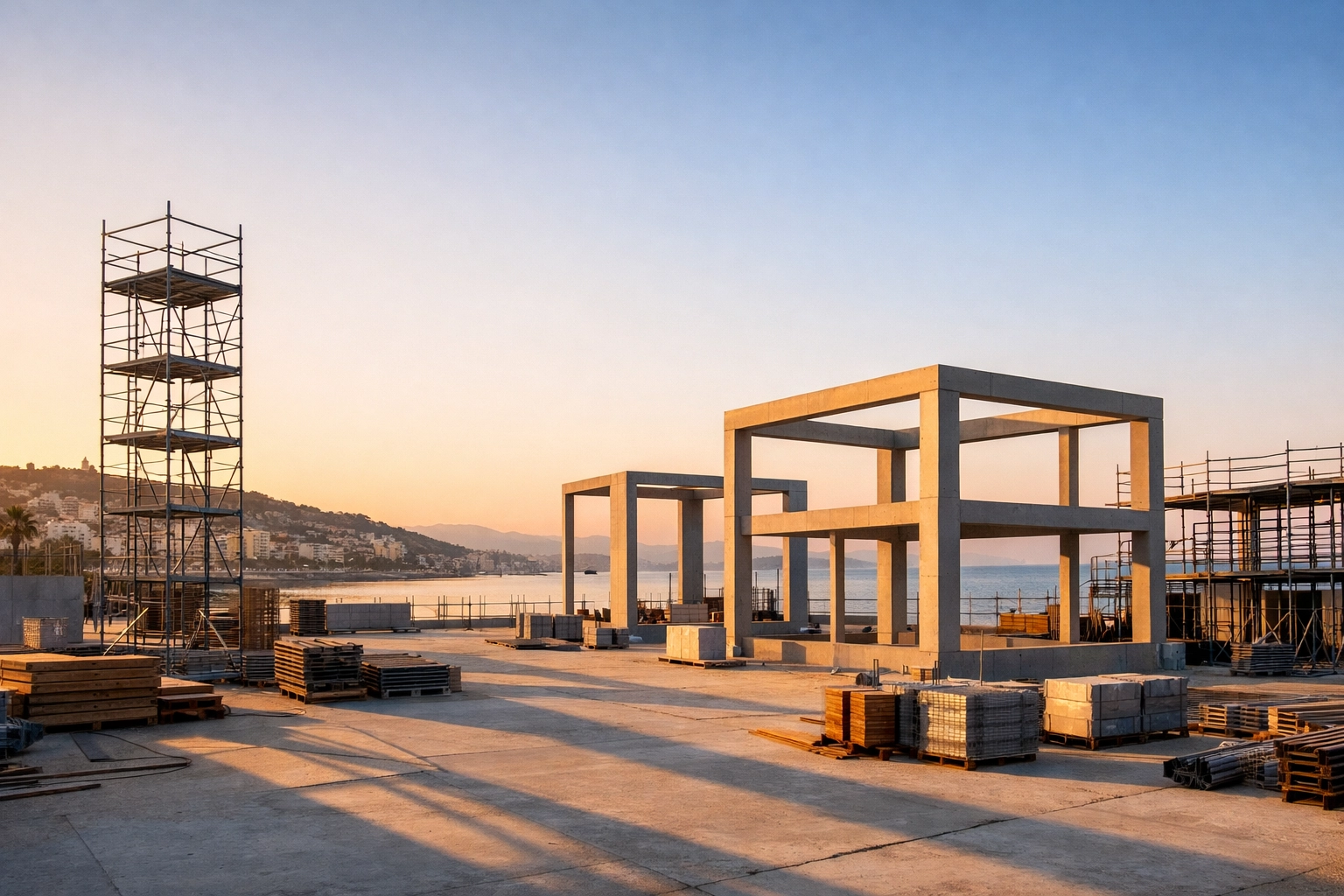 Modern construction site in a Mediterranean city at dawn symbolizing rebuilding and stability.
