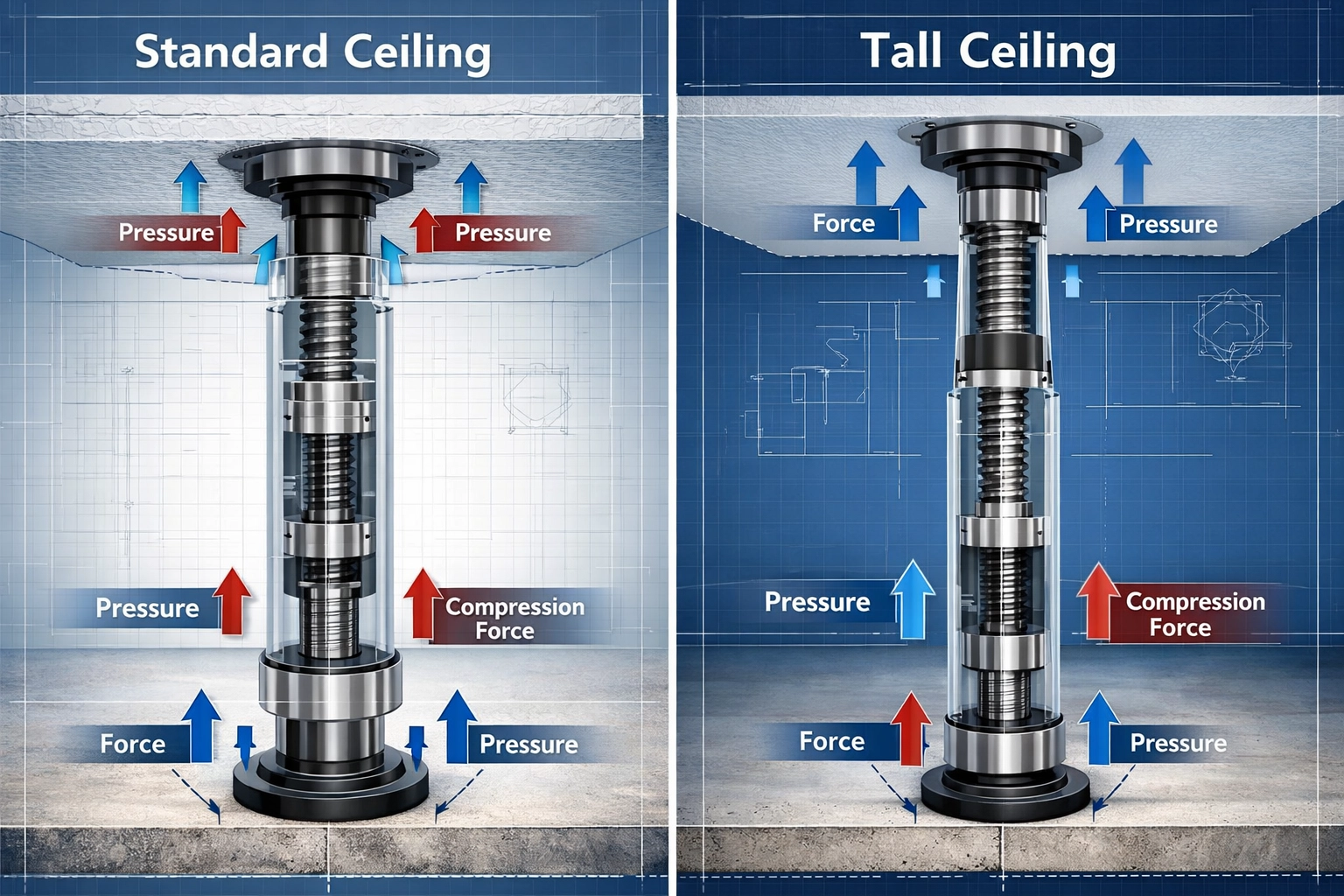 Floor-to-ceiling tension system showing secure installation without wall damage for home gym