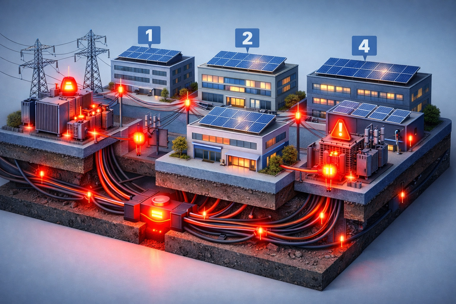 Grid connection bottleneck showing multiple commercial buildings queued for solar connection