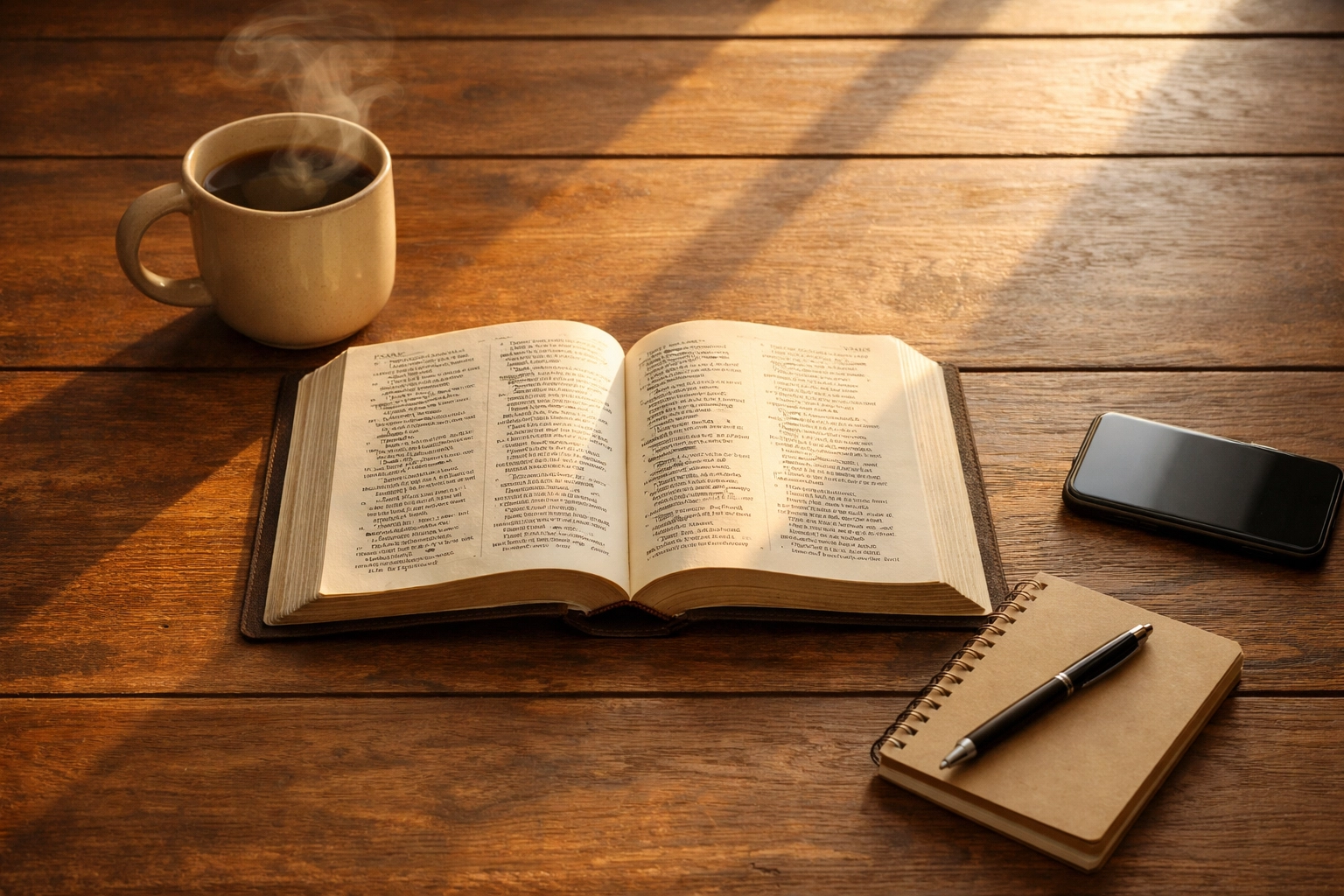 Peaceful morning routine with open Bible, coffee, and phone face-down on wooden table