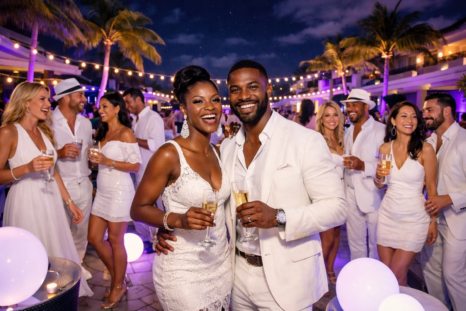 Couples attending an elegant white theme night party during a lifestyle resorts booking.