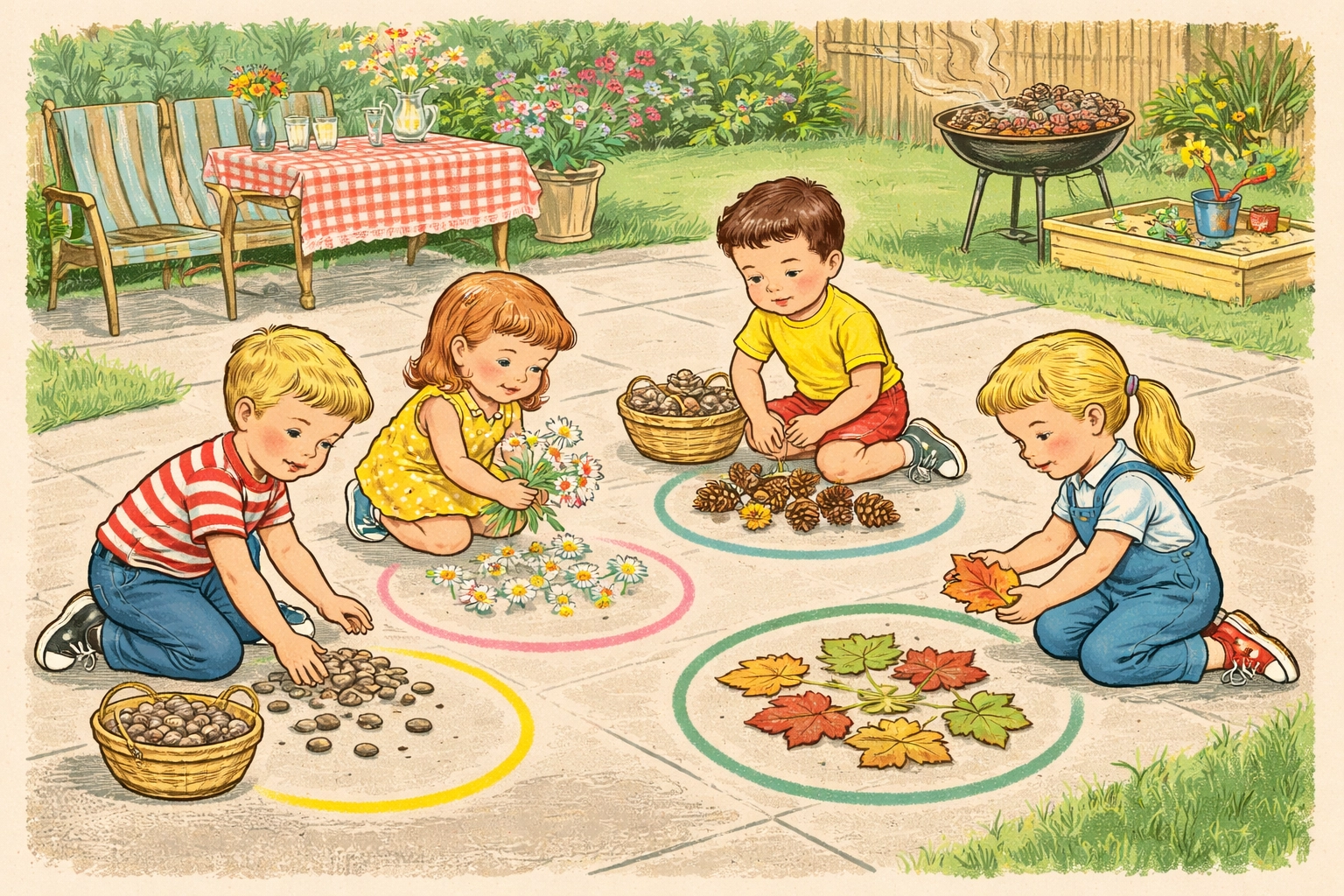 Backyard patio with chalk circles sorting nature items such as pebbles, flowers, and pinecones for kids