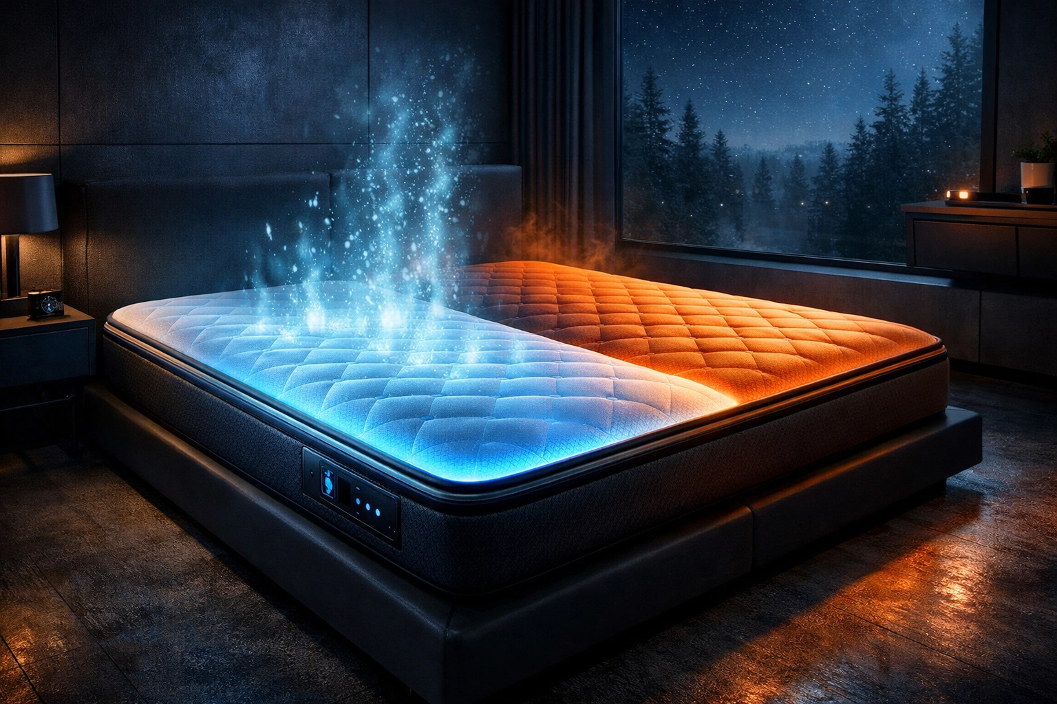 Smart bed with dual-zone temperature regulation showing active cooling for better deep sleep.