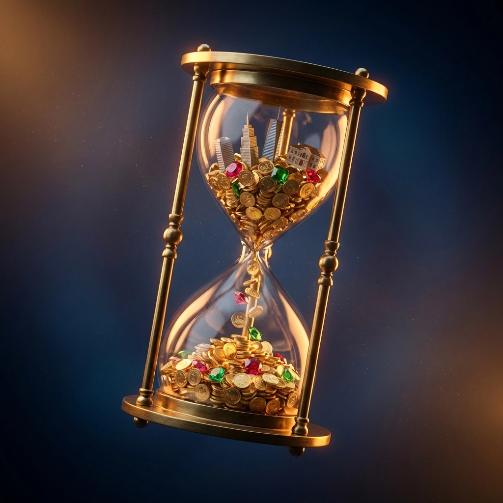 An hourglass filled with gold coins and luxury assets symbolizing the illiquidity and long-term nature of alternative investments.