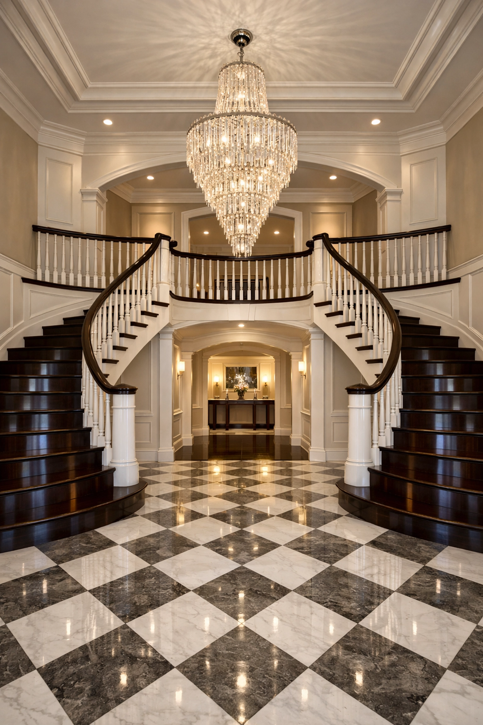 A gleaming grand foyer in a Marblehead mansion with spotless marble floors achieved through ninja efficiency.
