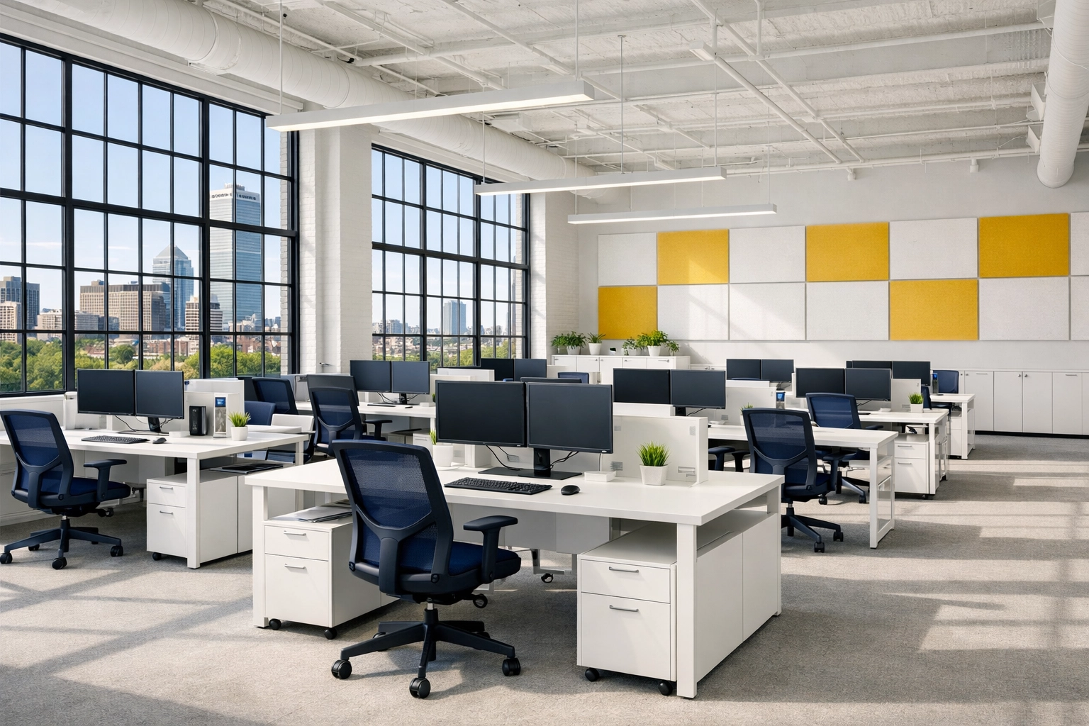 Clean, organized modern Boston office workspace maintained by expert janitorial services in Massachusetts.