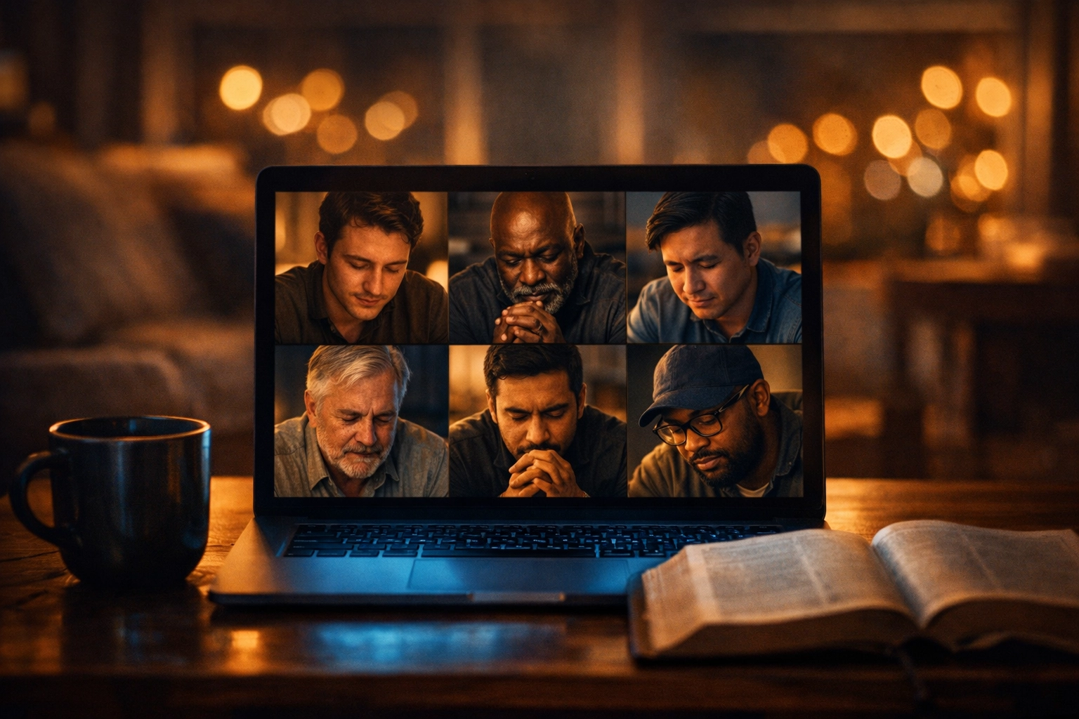 Mannen die in kleine groepjes bidden via online videogesprekken, illustreren de verbondenheid binnen de digitale kerkgemeenschap.