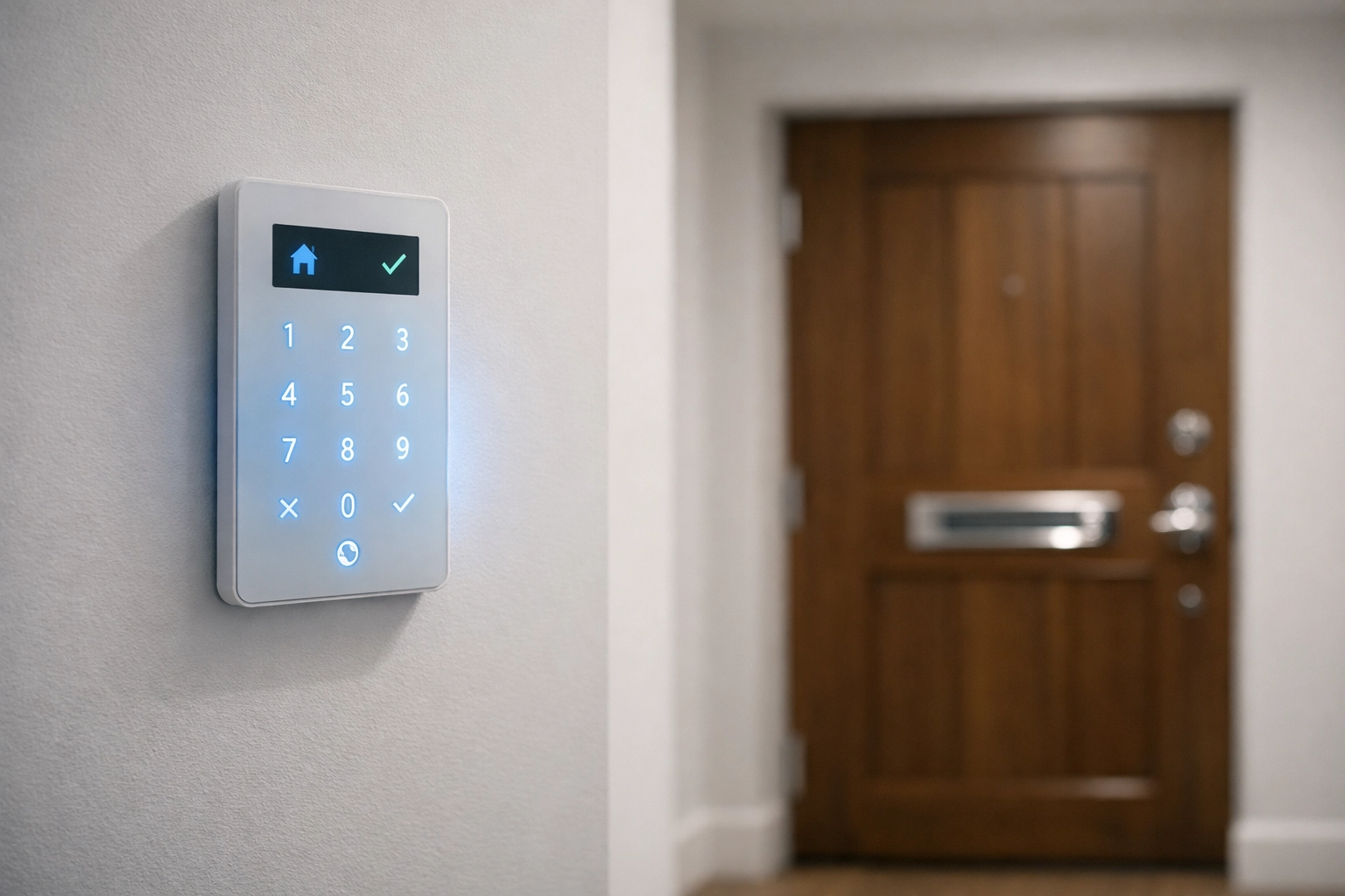 User-friendly intruder alarm keypad glowing blue, professionally installed for smart home security in Bridgend.