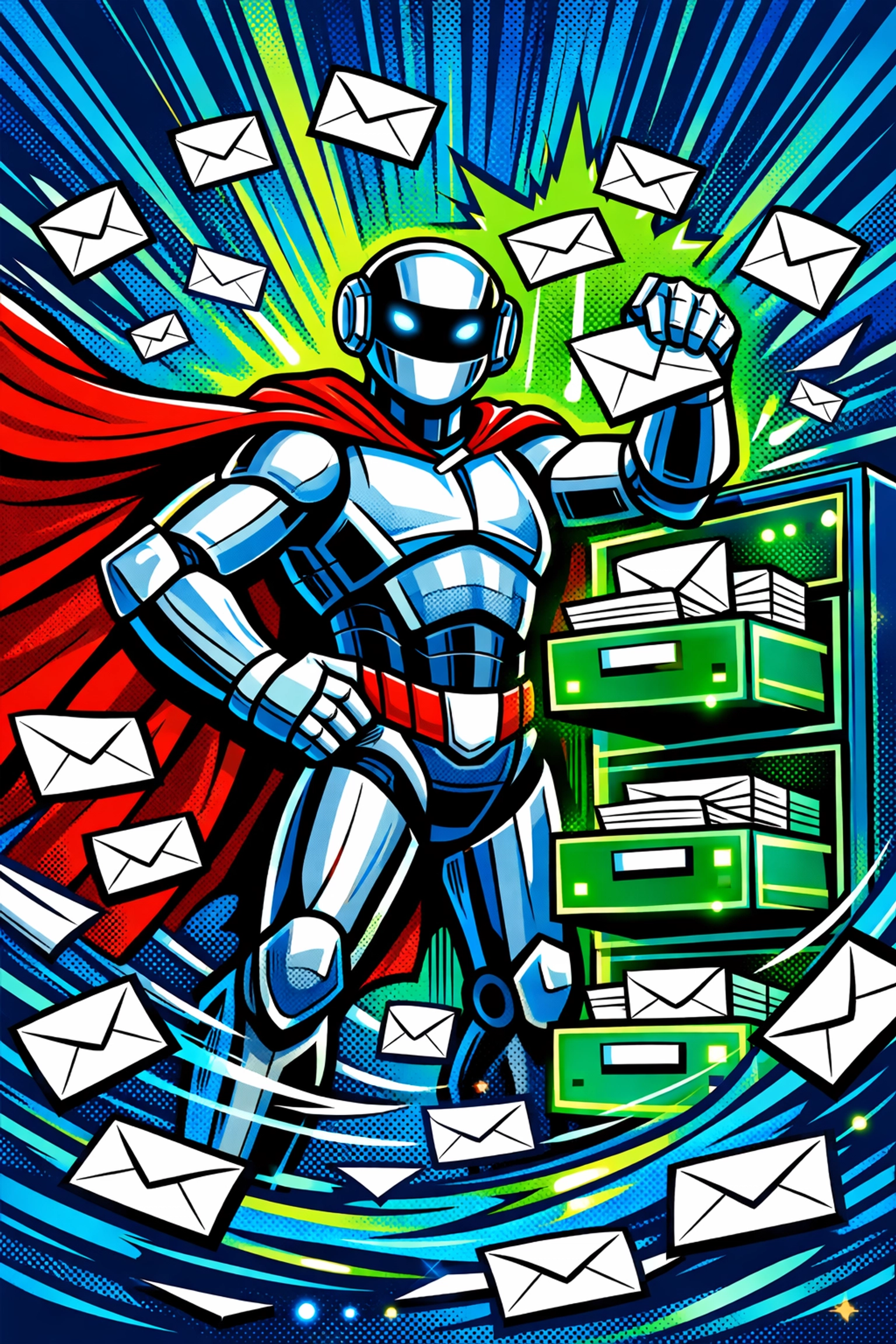 AI virtual assistant robot heroically organizing emails and automating lead follow-up.