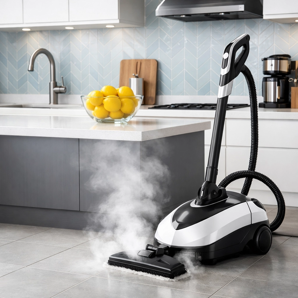 Modern West Cambridge kitchen being sanitized using eco-friendly steam house cleaning Cambridge MA techniques.