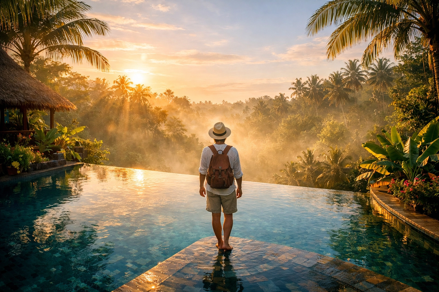 Relaxed traveler at a sunrise infinity pool in the Bali jungle, representing a stress-free luxury vacation.
