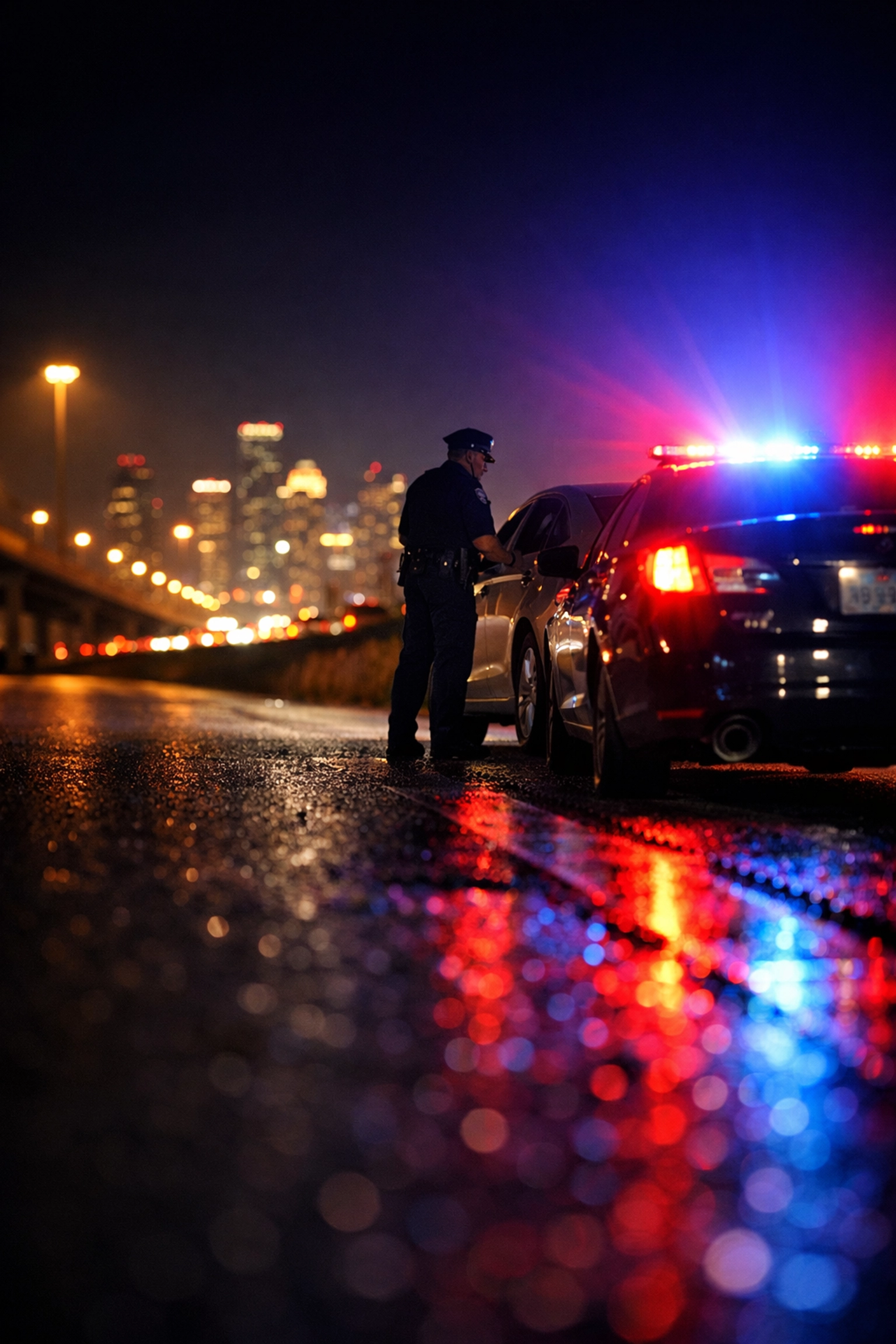 Nighttime roadside traffic stop in Houston, Texas, illustrating a DWI investigation and criminal defense.