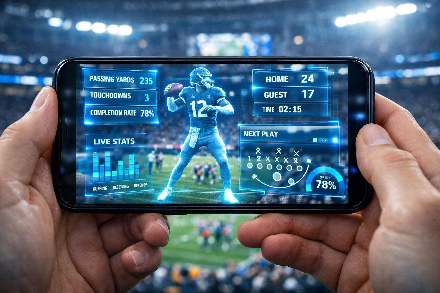 Augmented reality smartphone app showing interactive player stats overlaid on live stadium view
