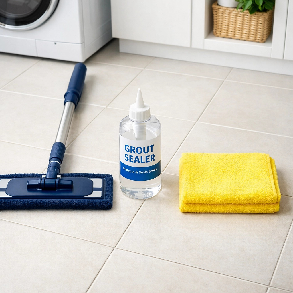 Essential tile maintenance tools including a microfiber mop and grout sealer on a clean floor.
