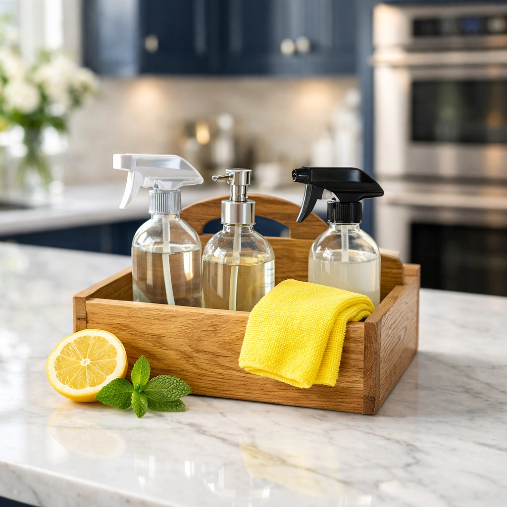 Eco-friendly residential cleaning in Marblehead with natural supplies on a marble kitchen island.