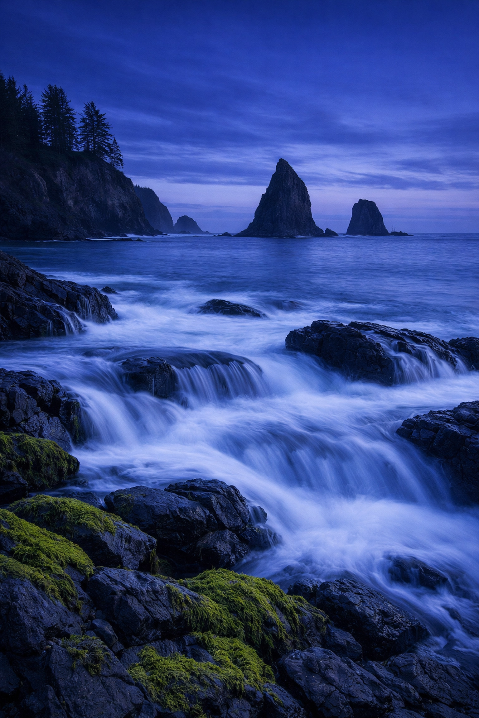 Sharp long exposure landscape of a rocky coast at blue hour, avoiding common photography mistakes.