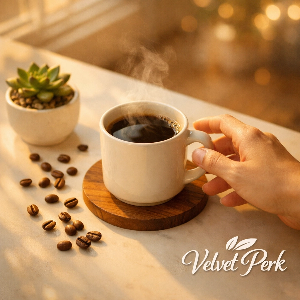 Peaceful morning coffee ritual with steaming mug and coffee beans on minimalist kitchen counter