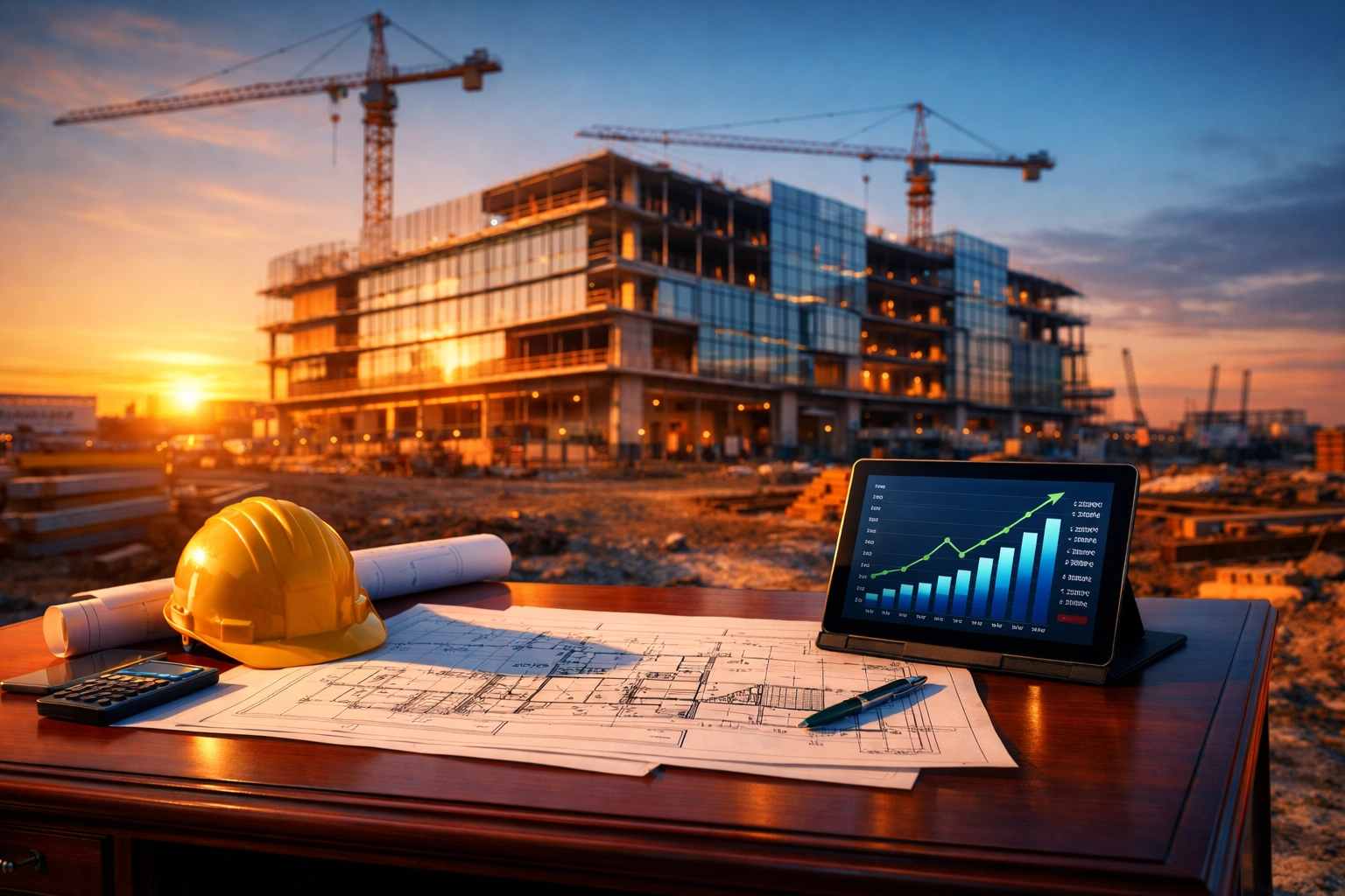 Construction site merging with financial planning desk representing strategic tax consulting