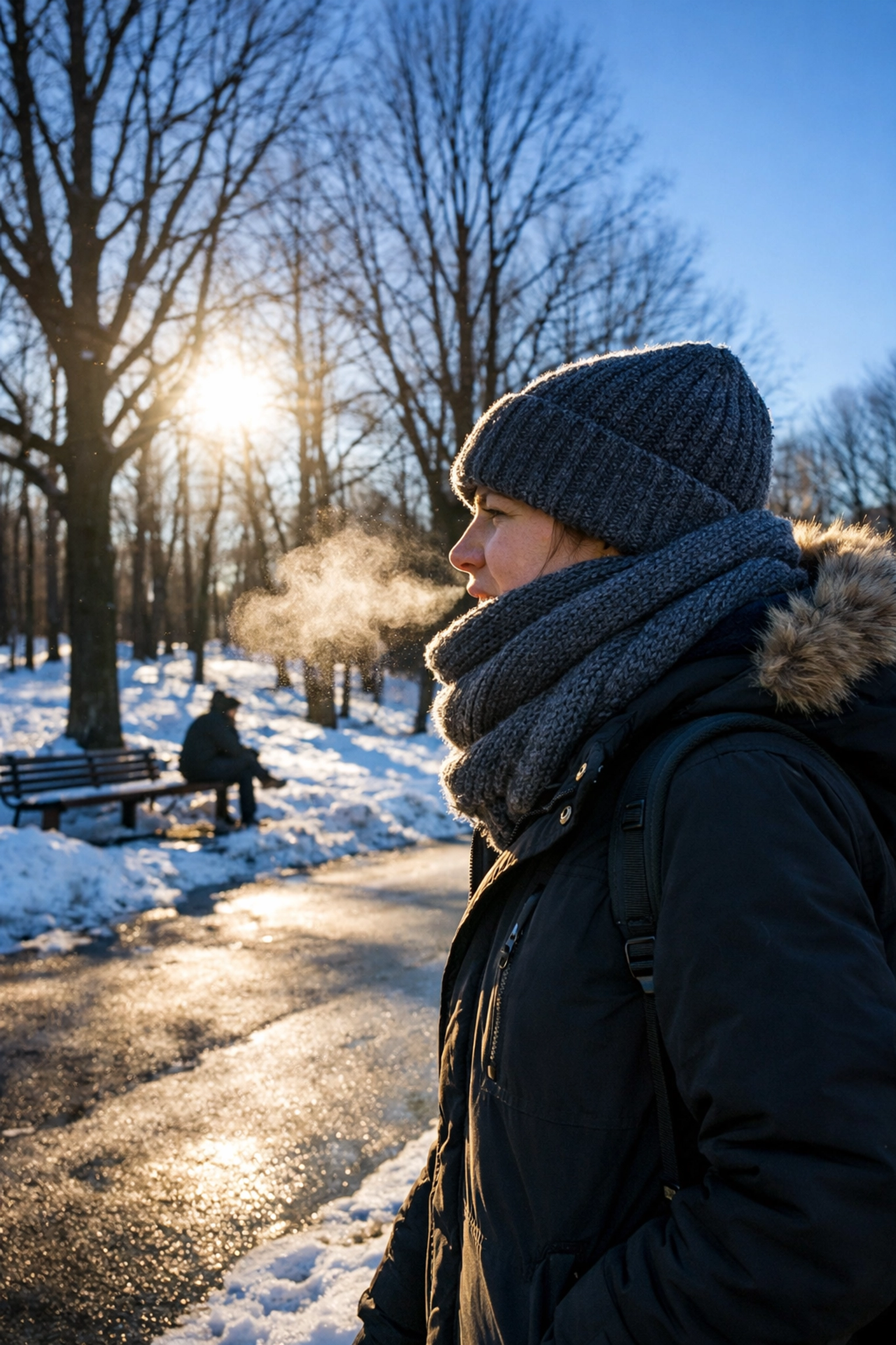 Person bundled up for -8°C temperatures walking in Mount Royal Park on a sunny day.