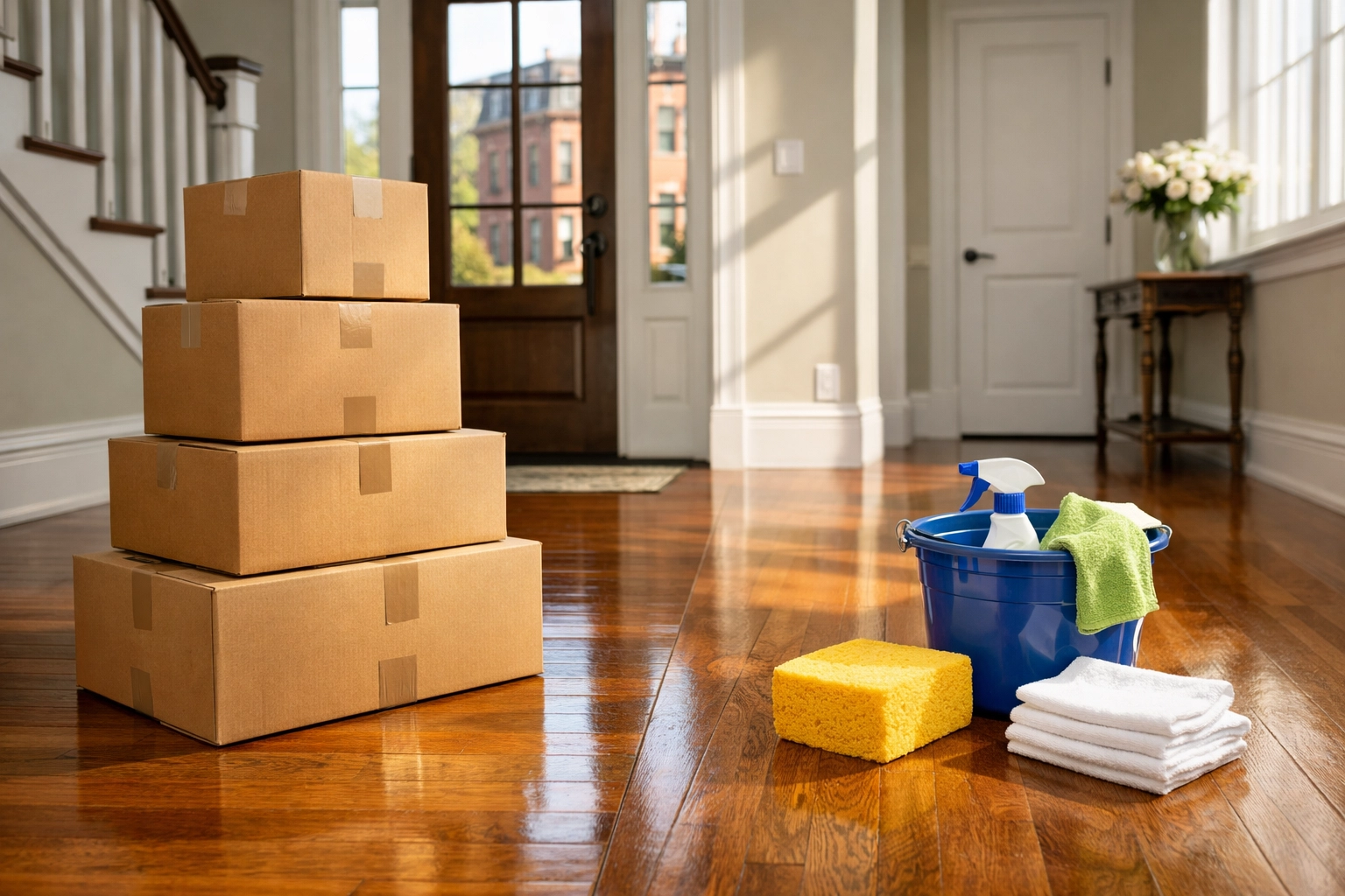 Moving boxes and professional cleaning kits showing the choice between move-in and deep cleaning services.