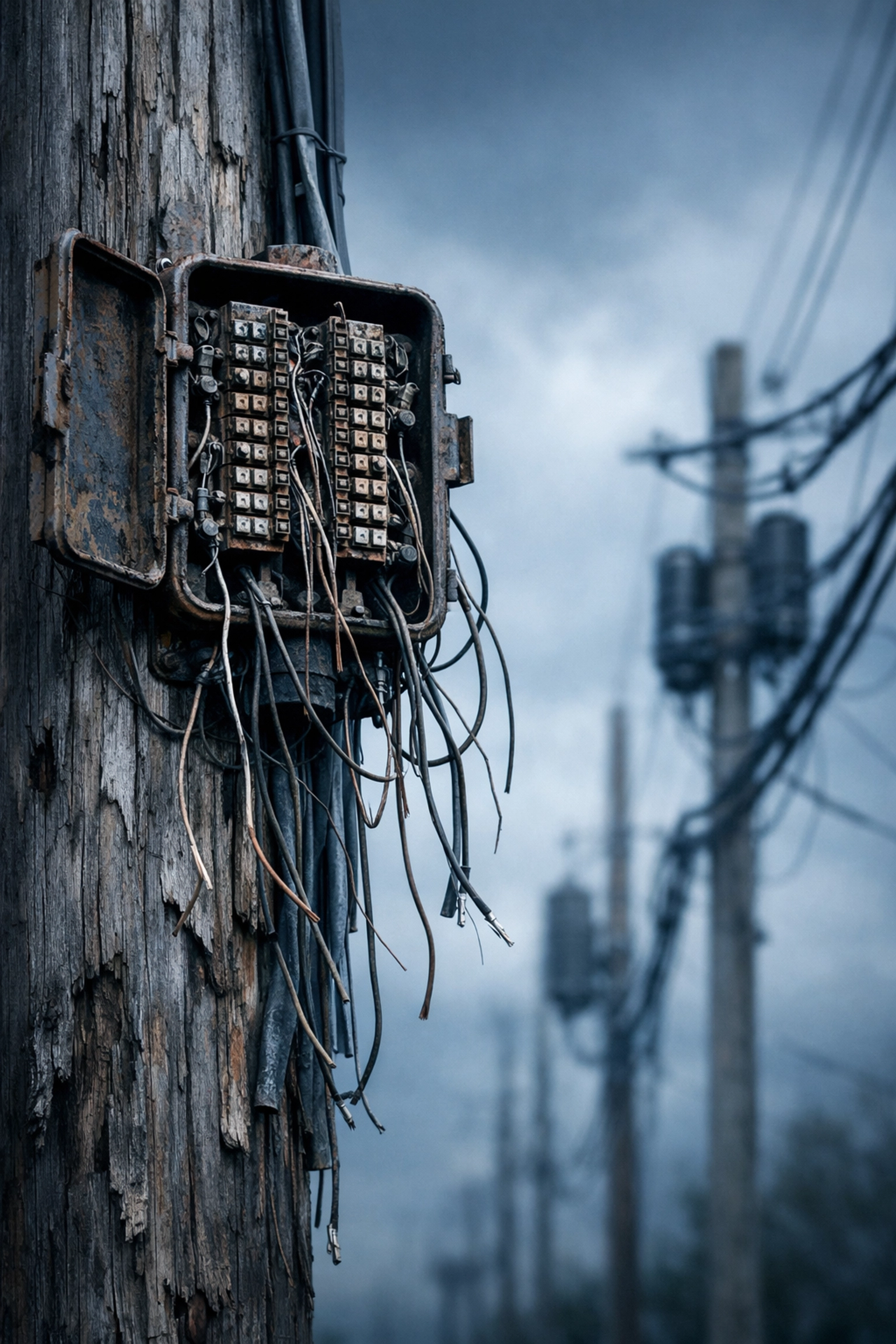 Disconnected copper POTS lines on utility pole showing deteriorating telephone infrastructure