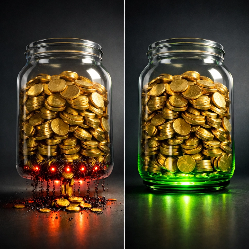 Two investment jars showing wealth preservation versus erosion from fees and poor decisions
