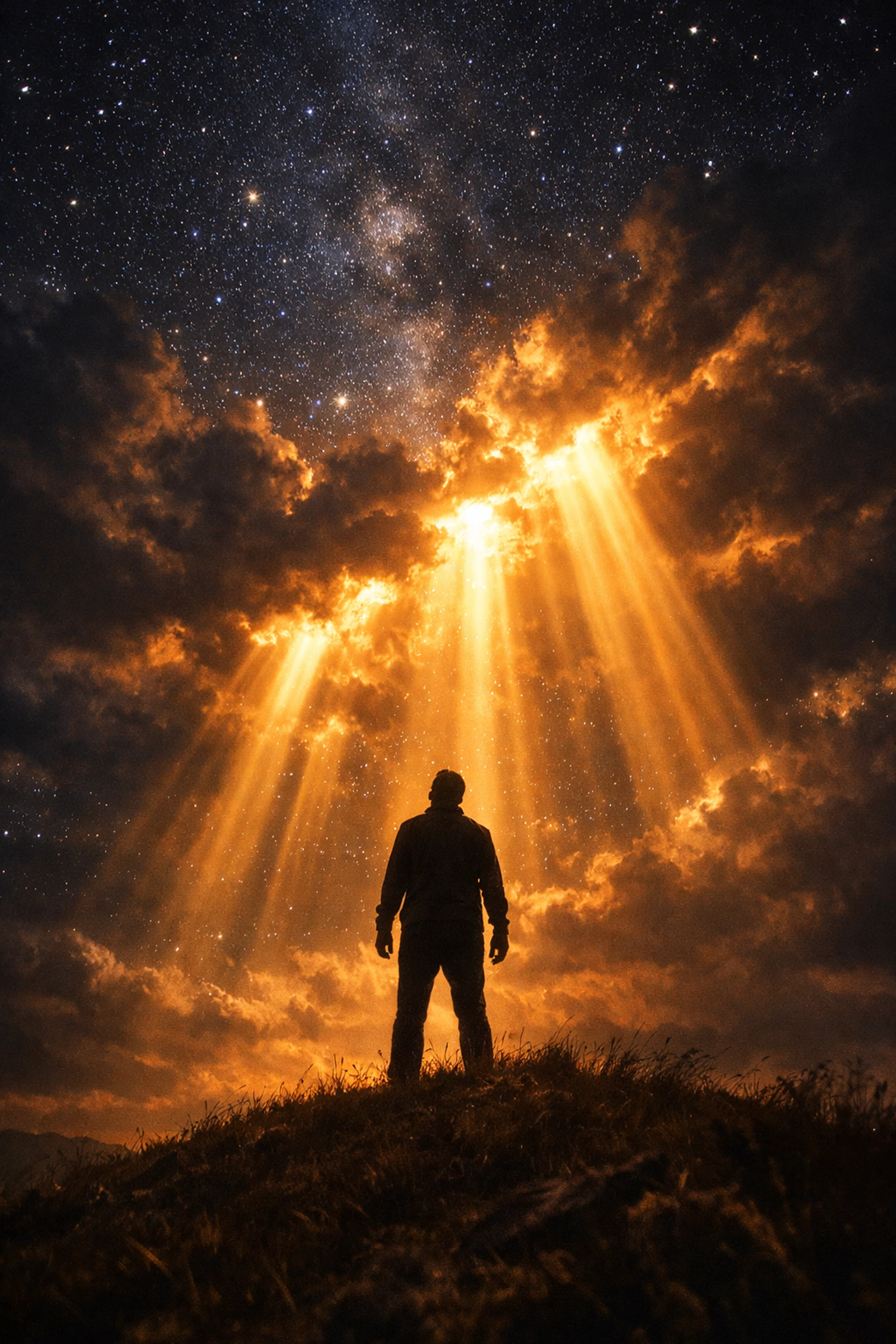 Person standing in faith as heavenly light breaks through clouds symbolizing divine intervention