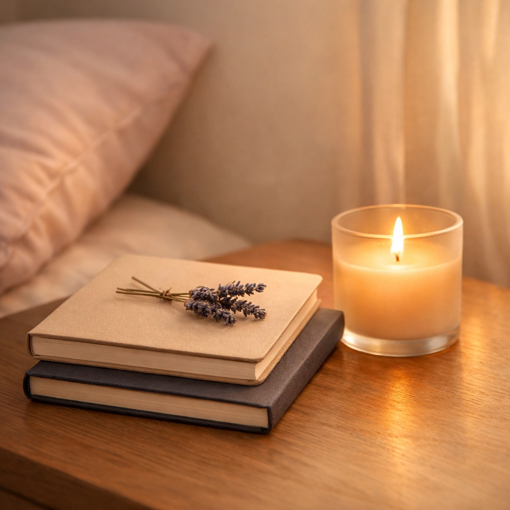 Serene bedside table with productivity worksheets and lavender to promote mental clarity and calm.