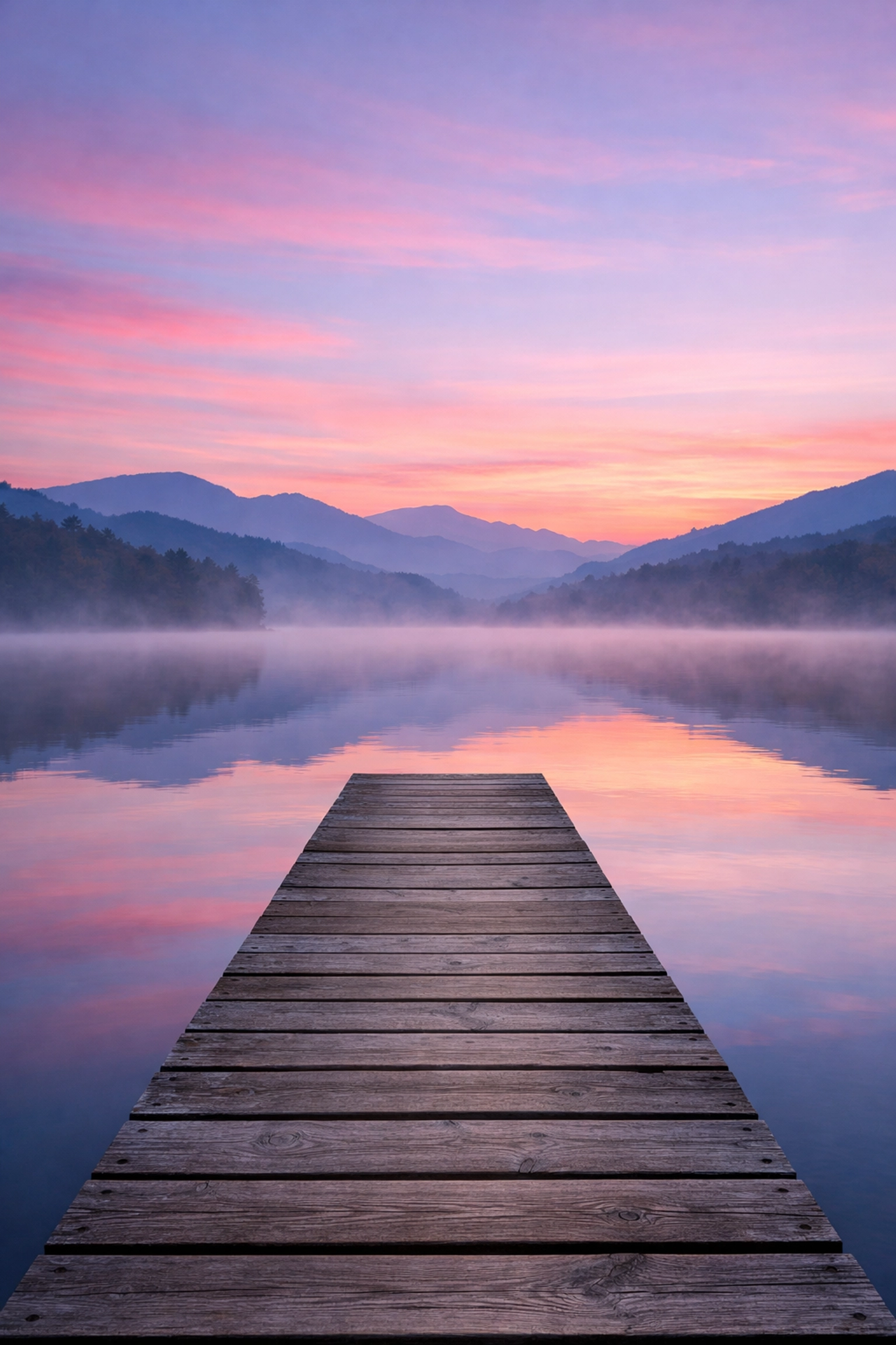 Misty sunrise at a Blue Ridge Mountains lake pier, capturing the emotional essence of travel photography guides.