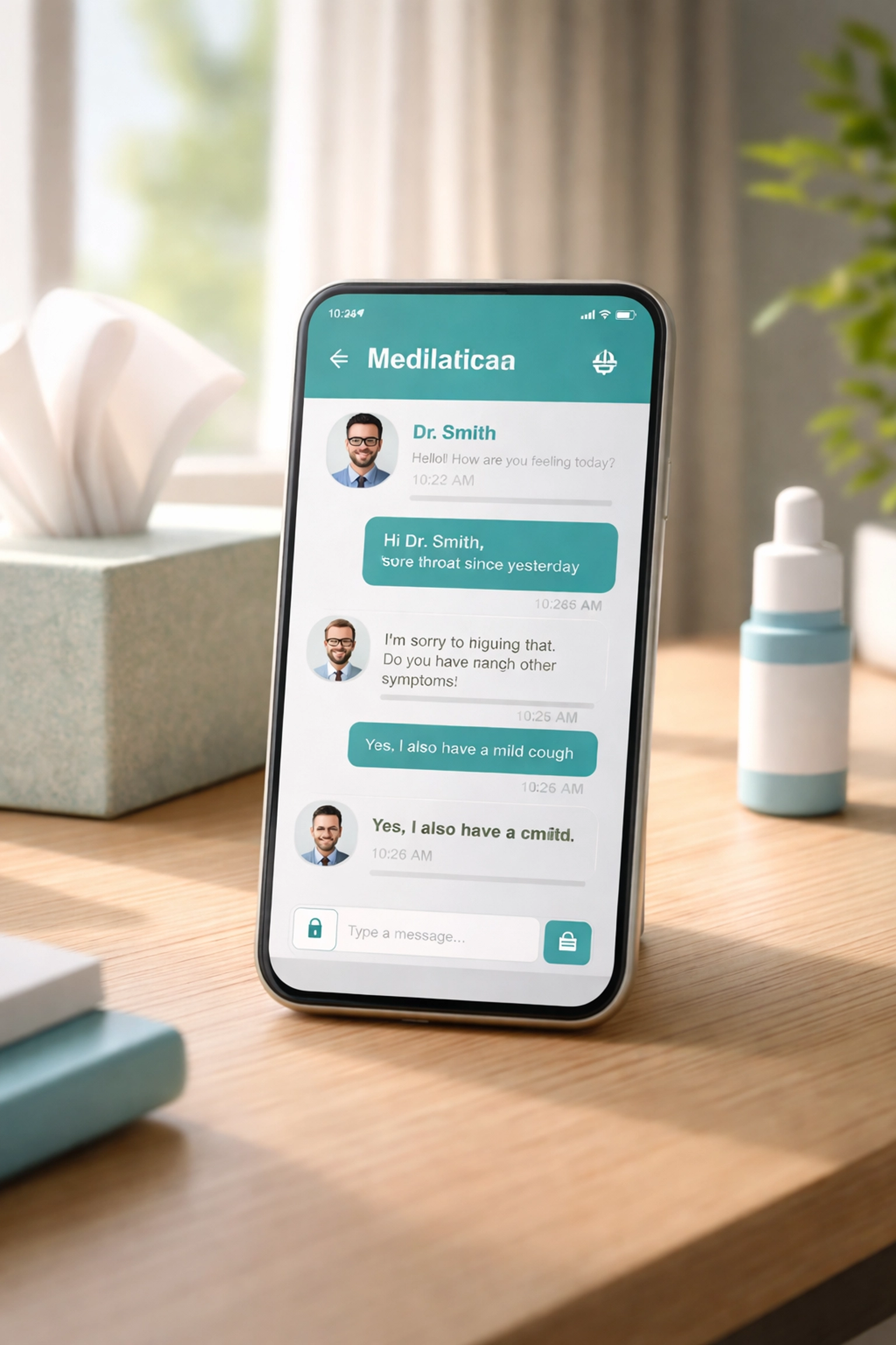 Smartphone showing secure online chat for pink eye treatment, highlighting easy telehealth access