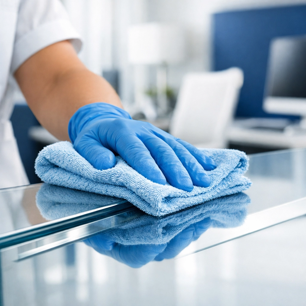 Close-up of a professional cleaner sanitizing a glass office desk for a healthy work environment.