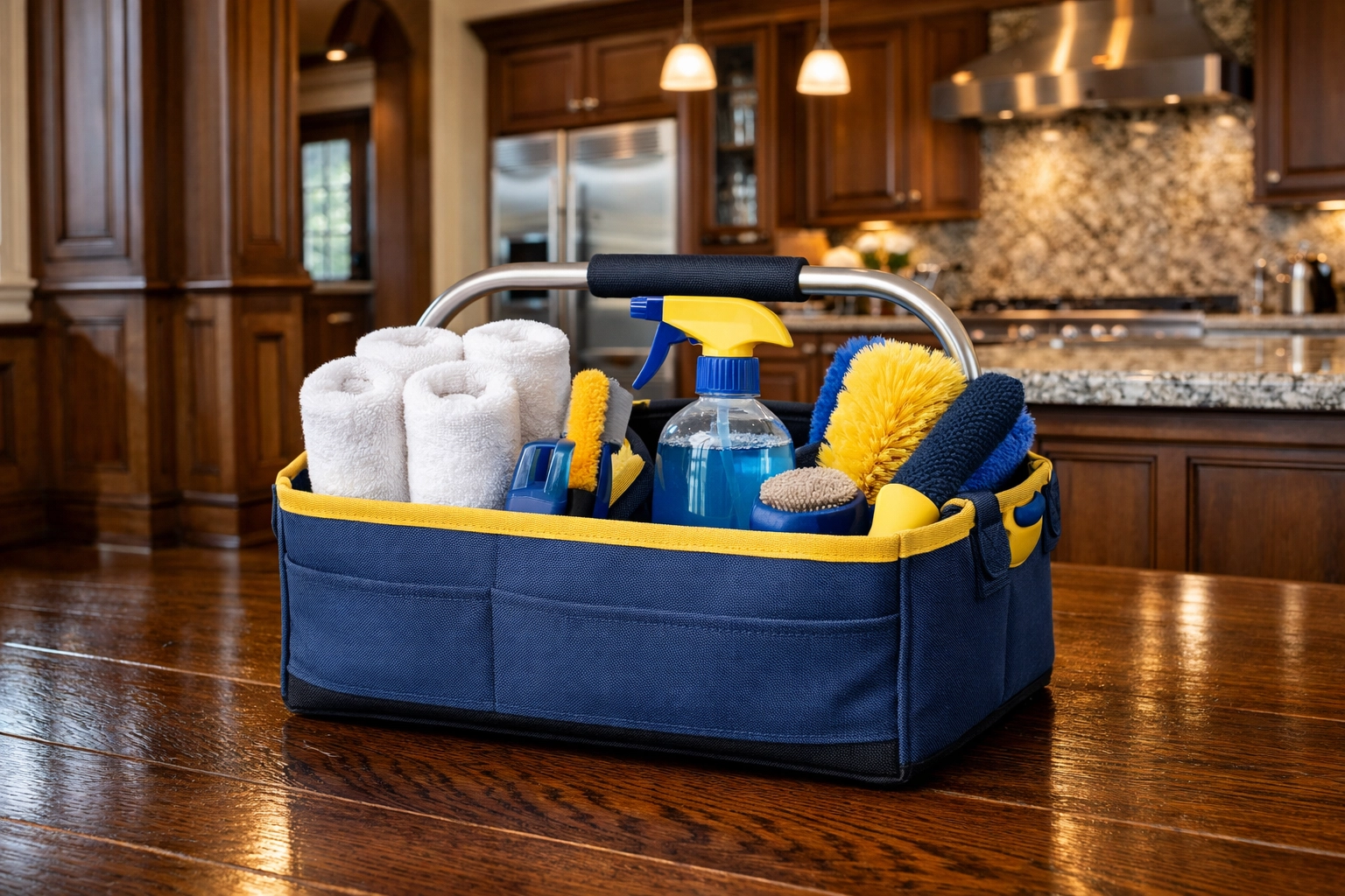 Organized house cleaning Worcester MA tools in a caddy on polished dark wood floors.