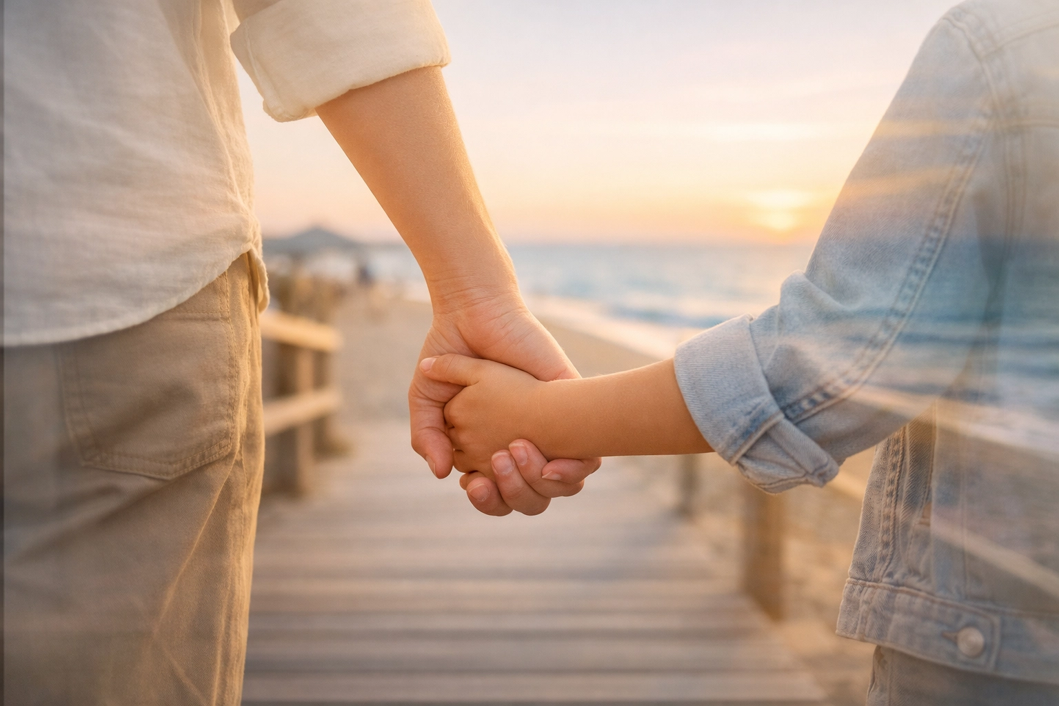 Parent and child holding hands on Virginia Beach boardwalk representing custody relationships